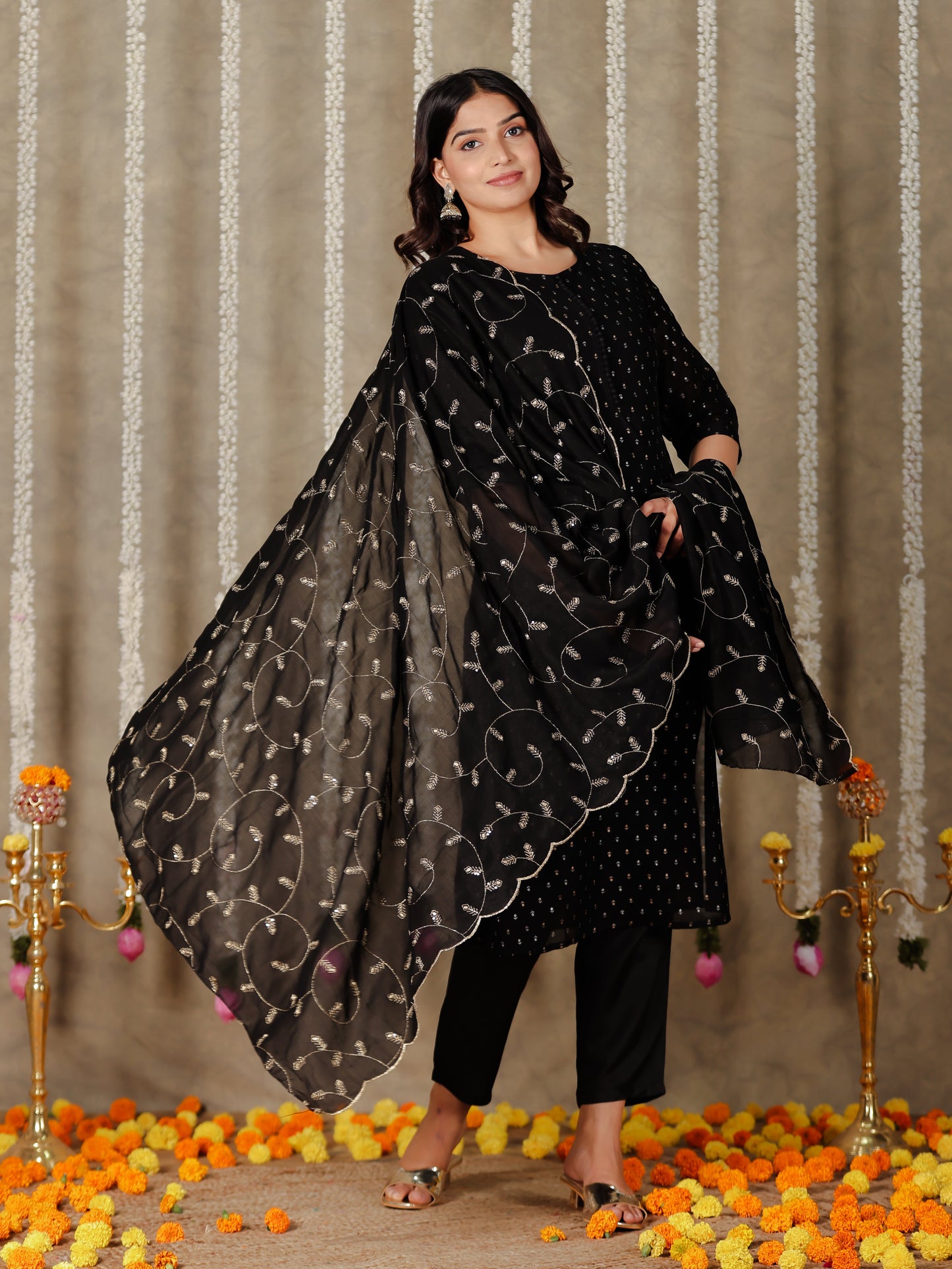 Chanderi Embroidered Black Dupatta