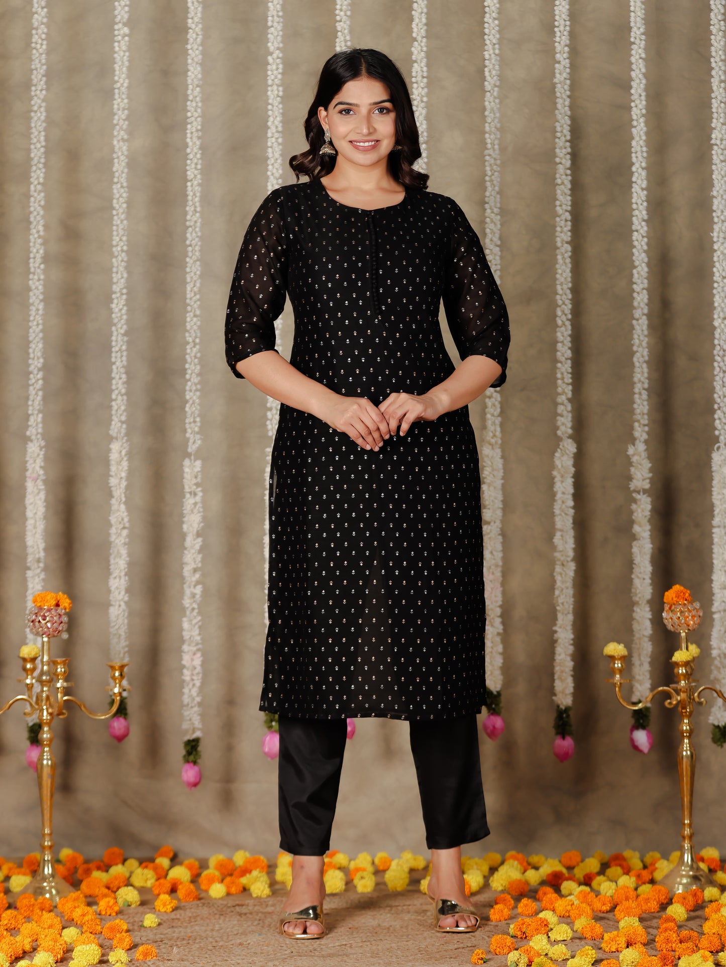 Chanderi Solid Straight Black Kurta