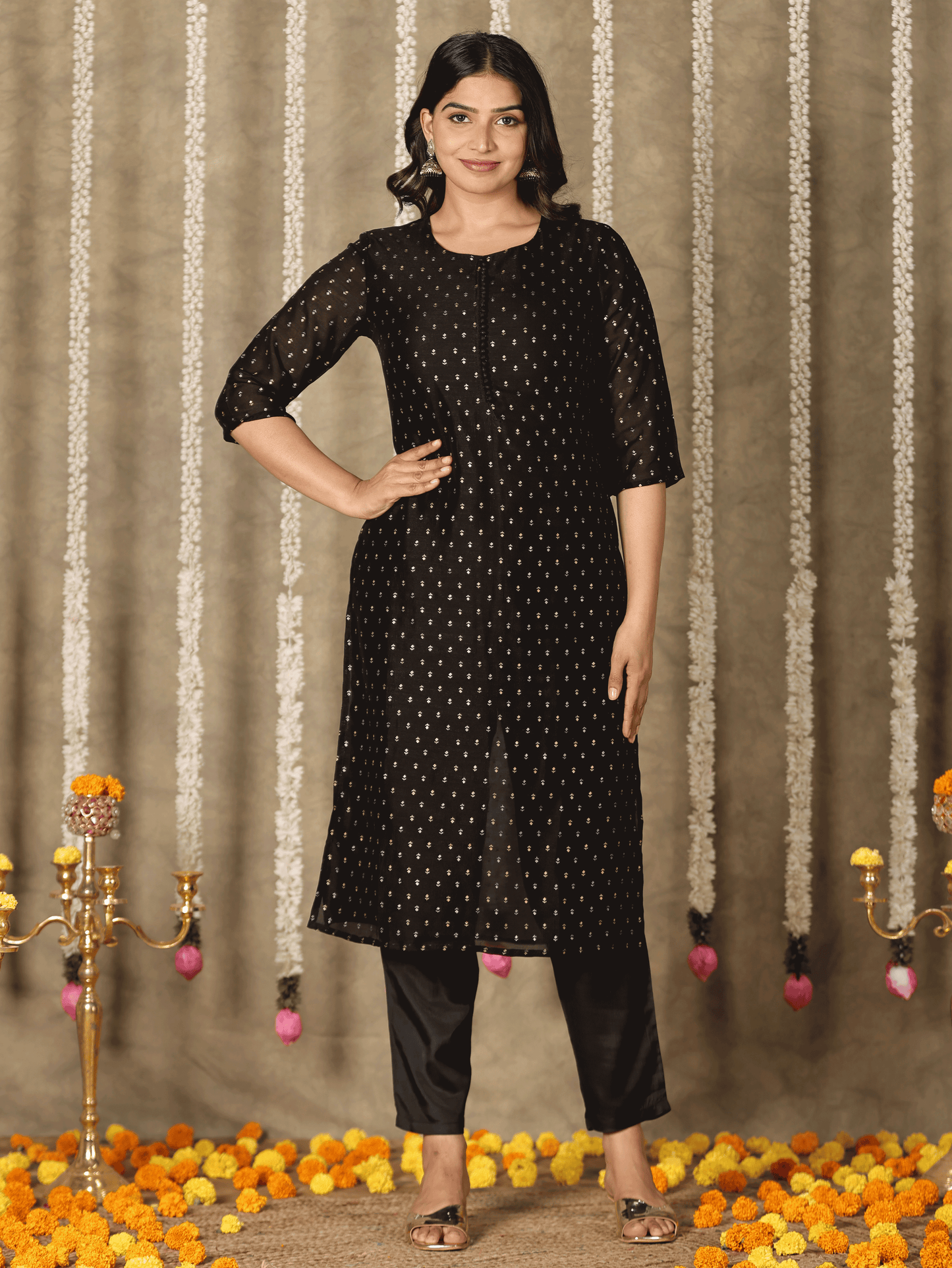 Chanderi Solid Straight Black Kurta