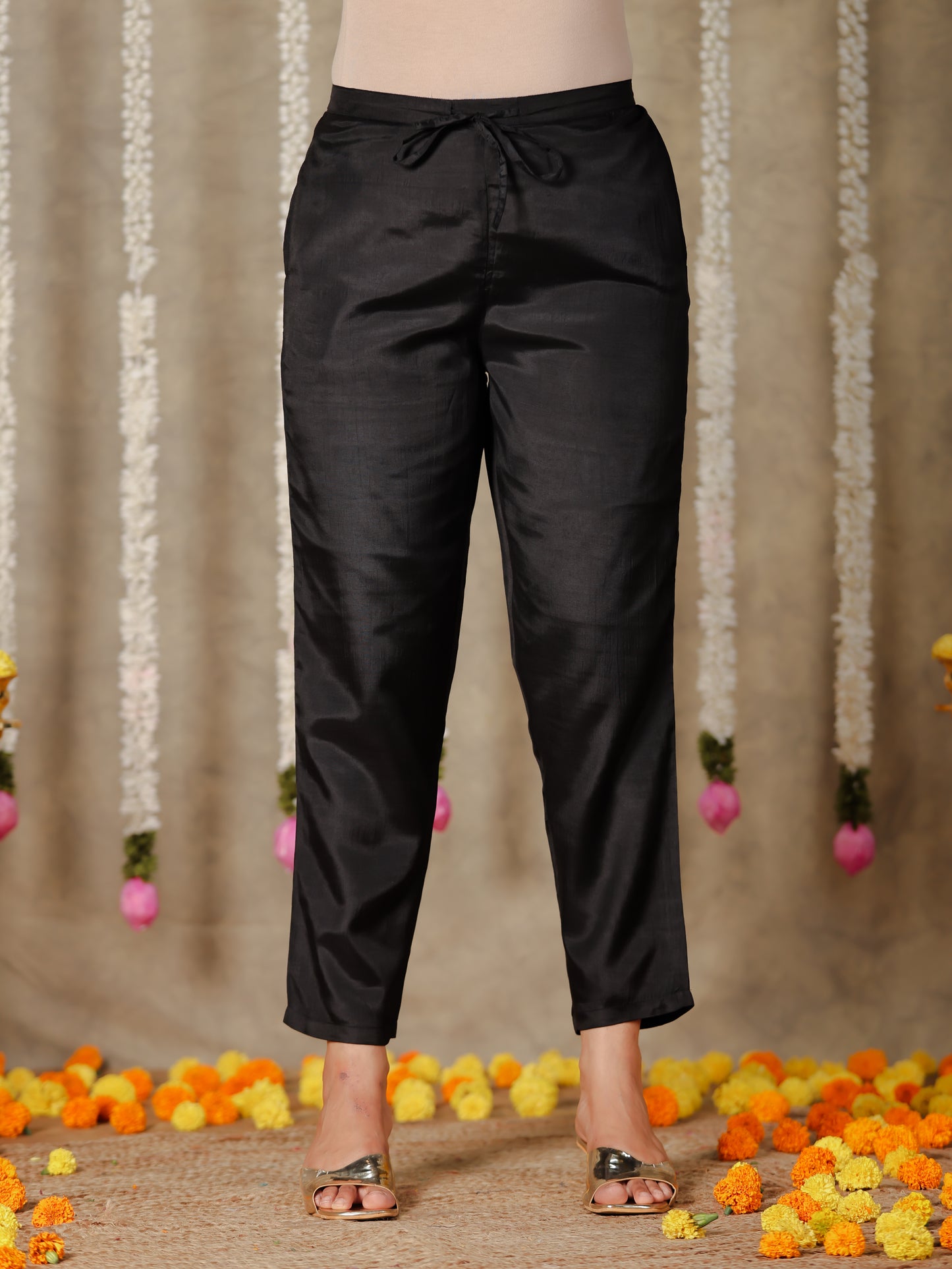 Chanderi Solid Straight Black Kurta