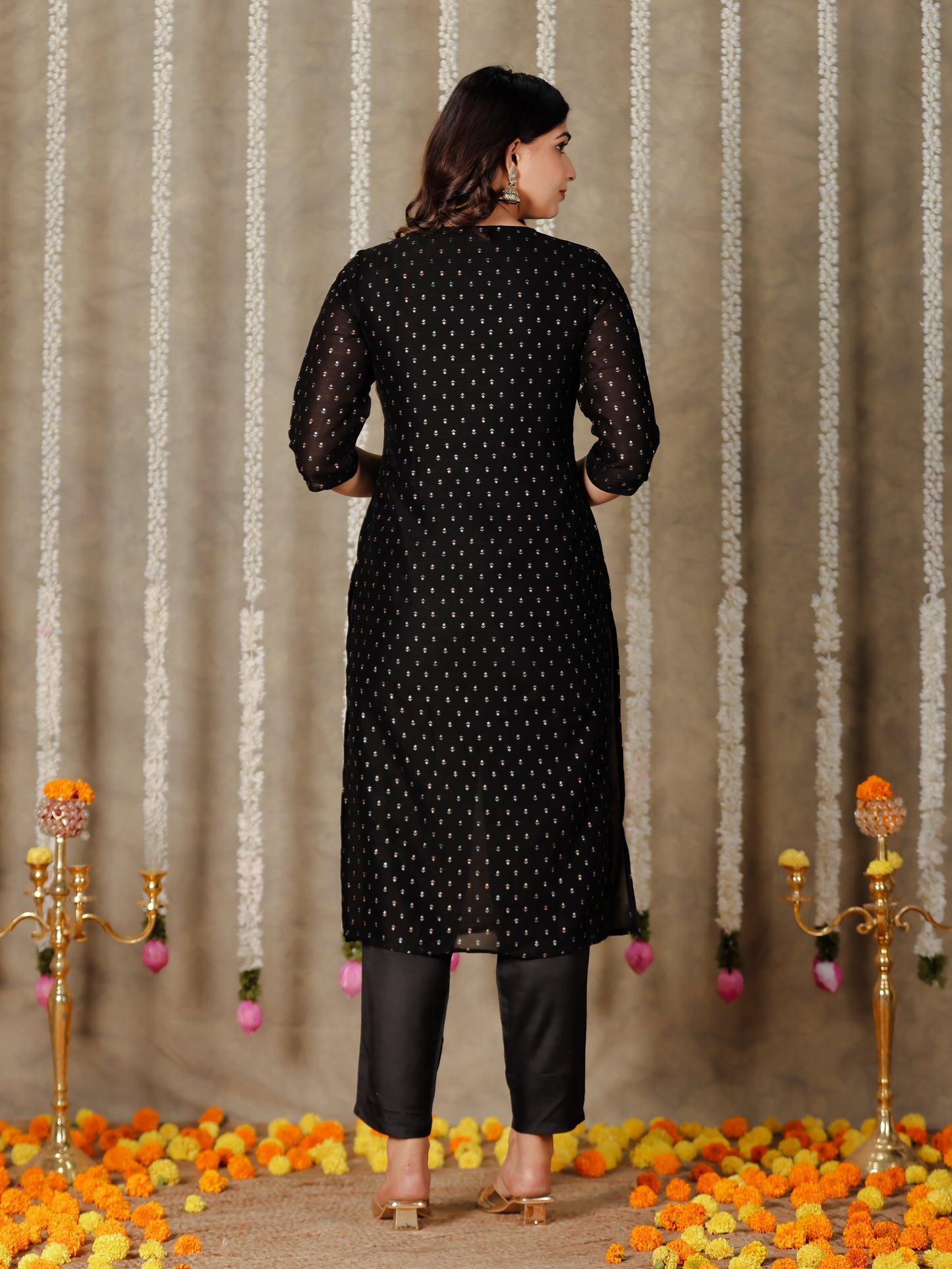 Chanderi Solid Straight Black Kurta
