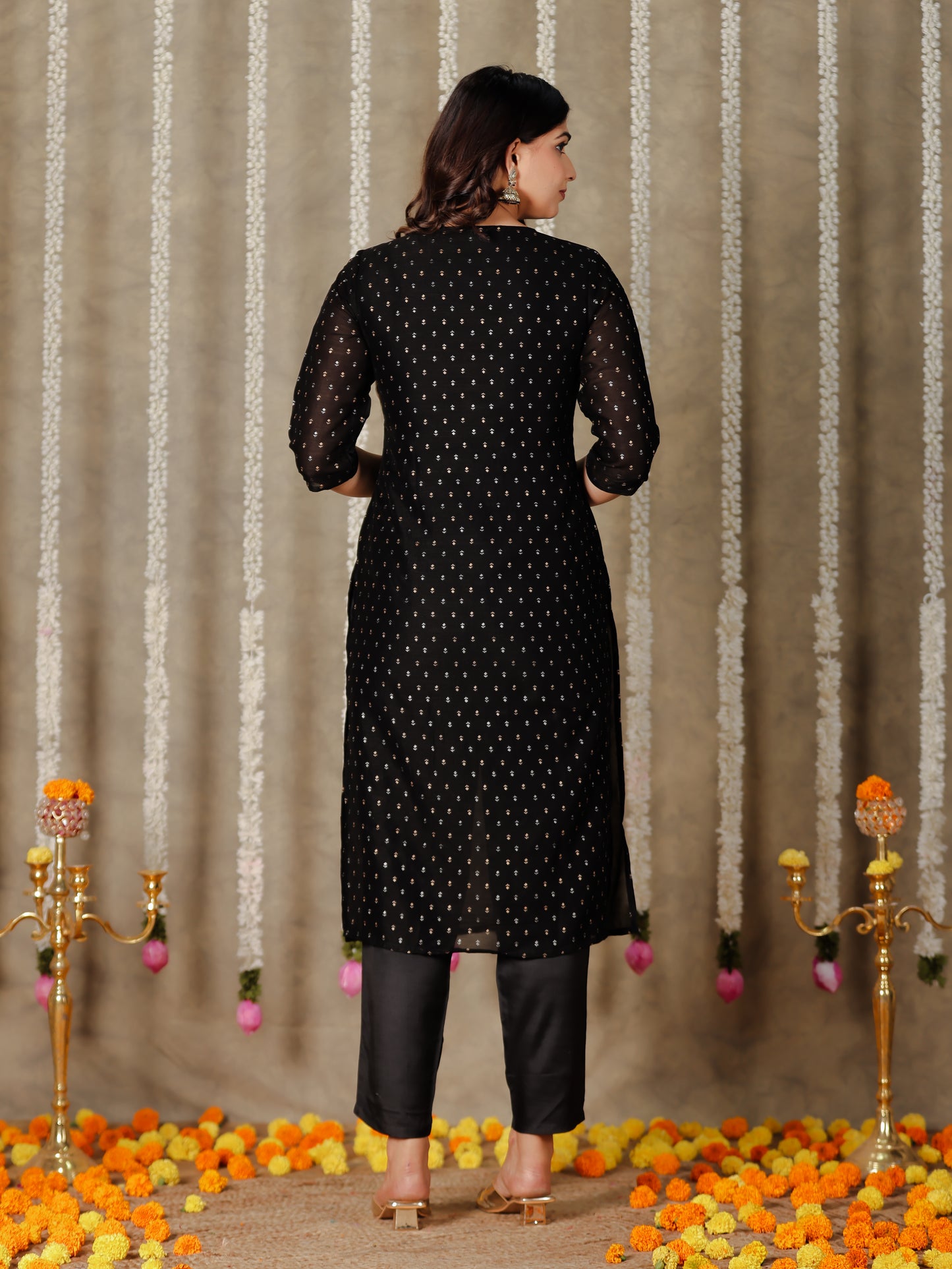 Chanderi Solid Straight Black Kurta