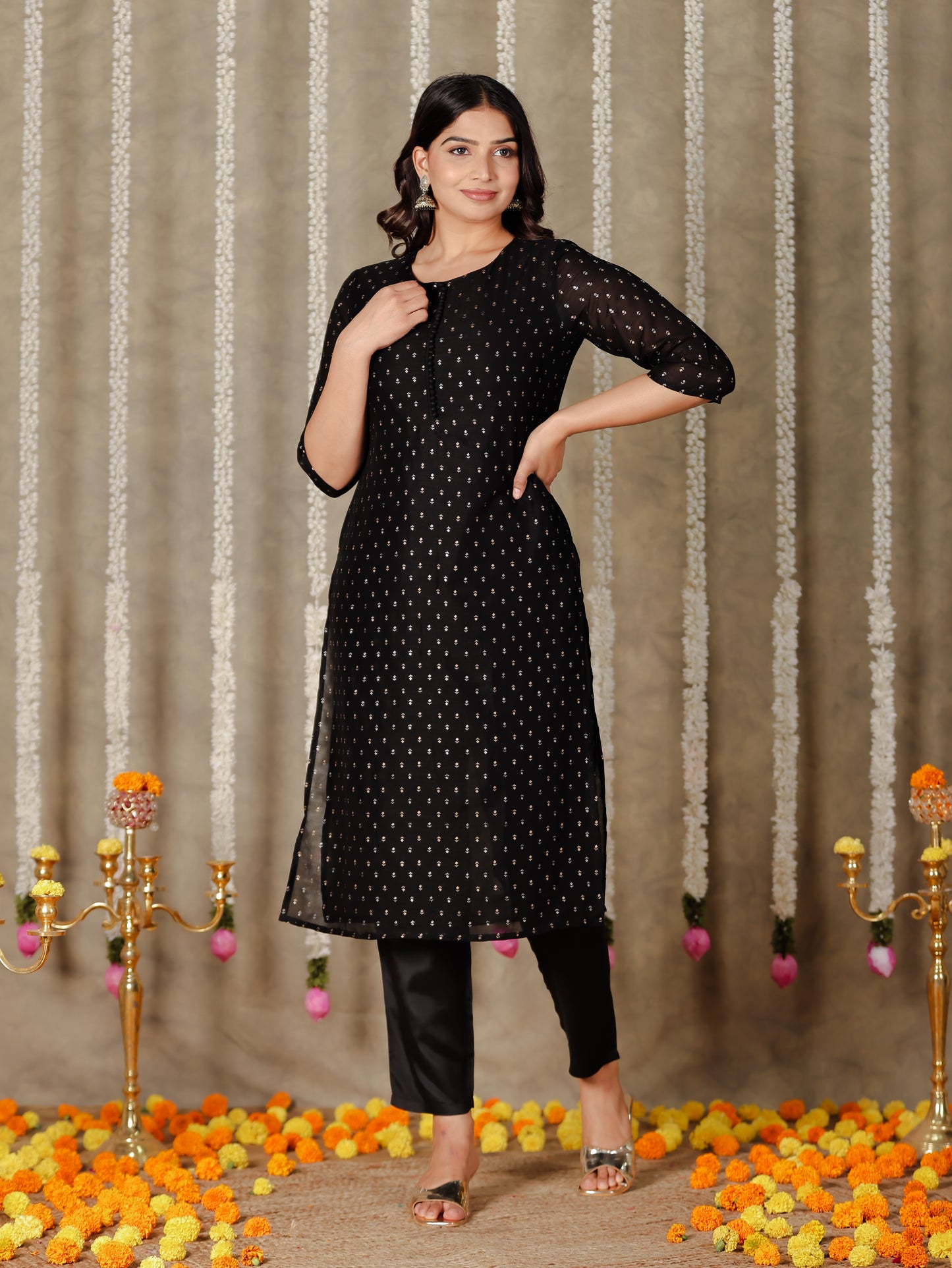 Chanderi Solid Straight Black Kurta