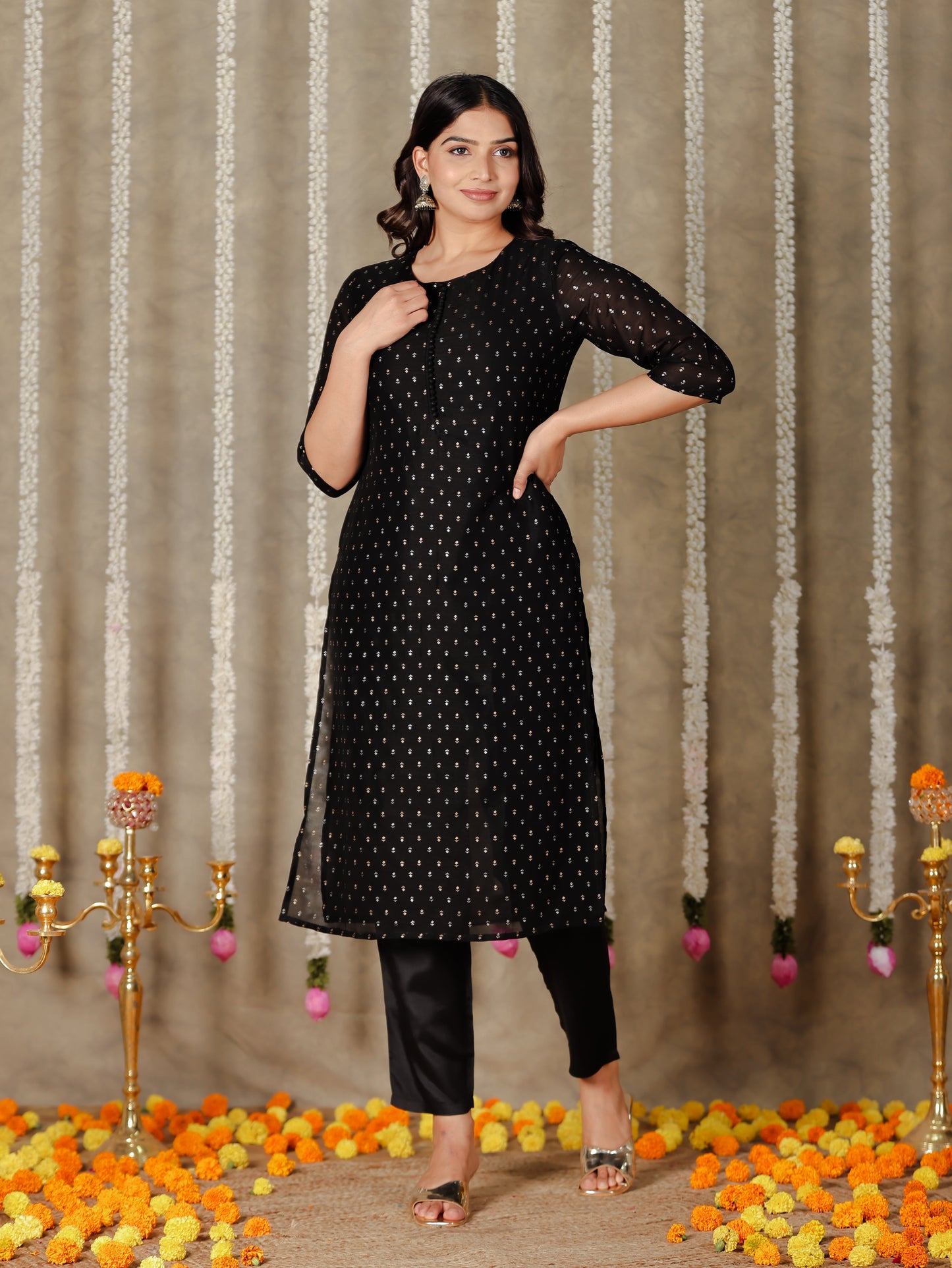 Chanderi Solid Straight Black Kurta