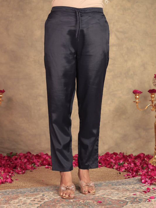 Chanderi Solid Blue Tapered Trousers
