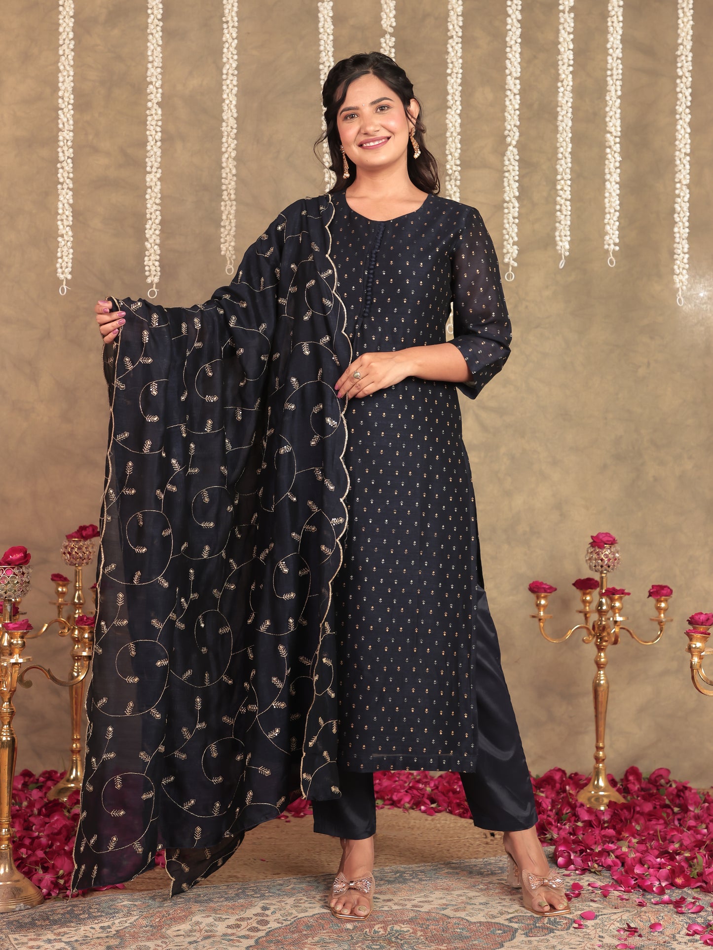 Chanderi Self Design Straight Blue Kurta