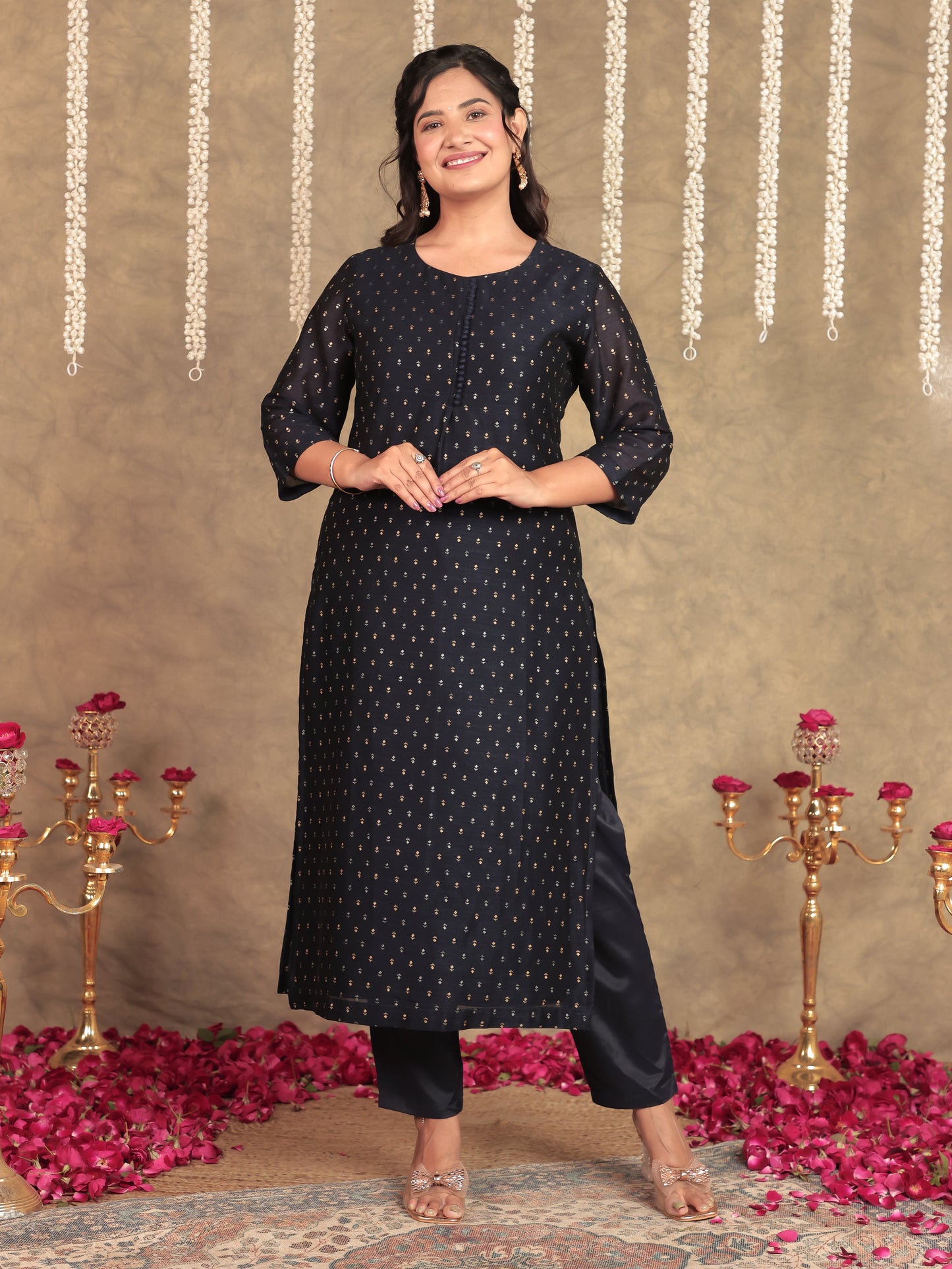 Chanderi Self Design Straight Blue Kurta