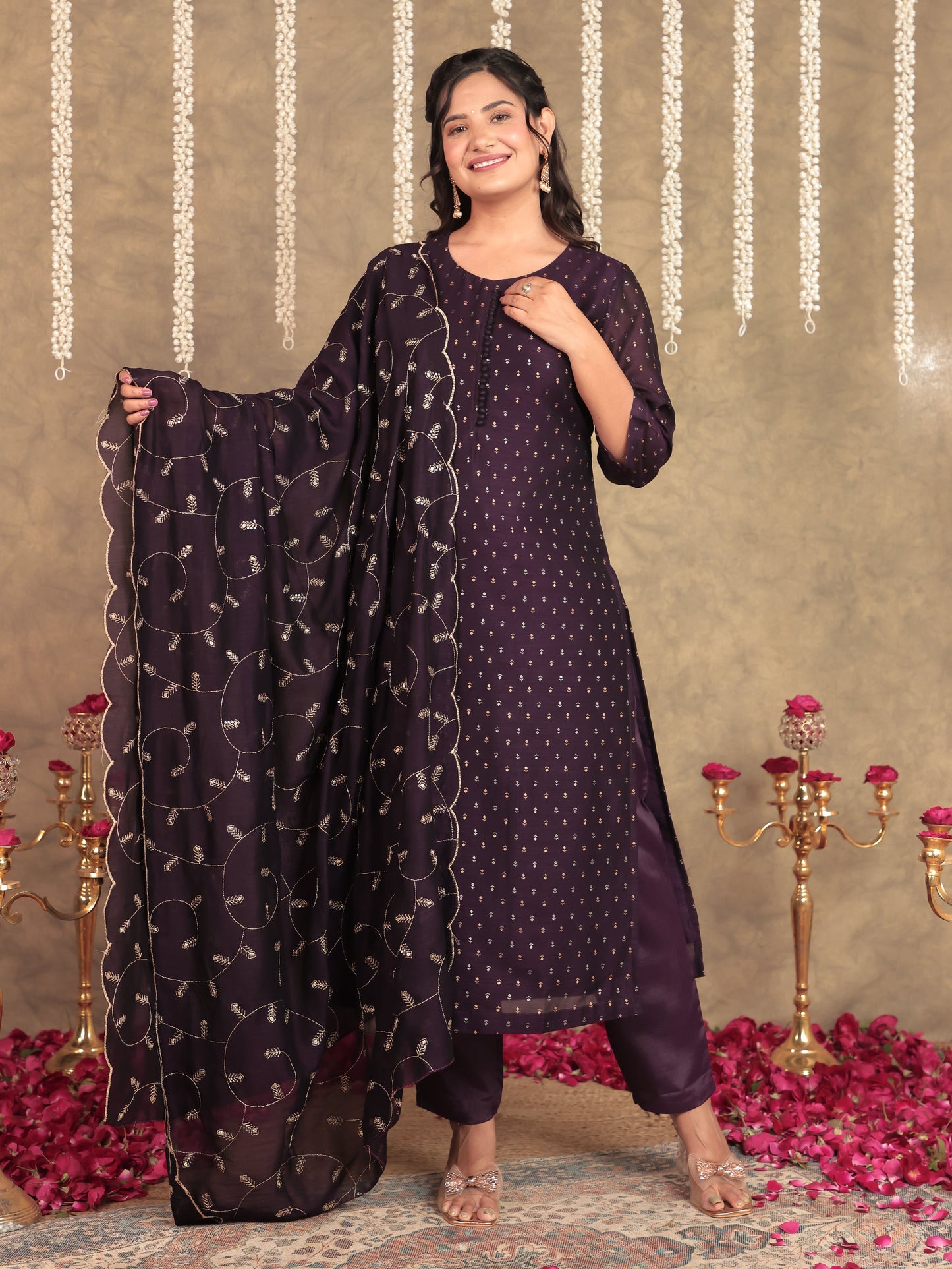 Chanderi Solid Straight Purple Kurta