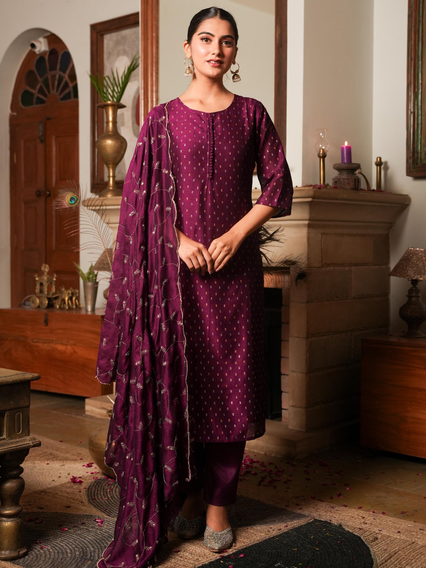Chanderi Solid Straight Purple Kurta