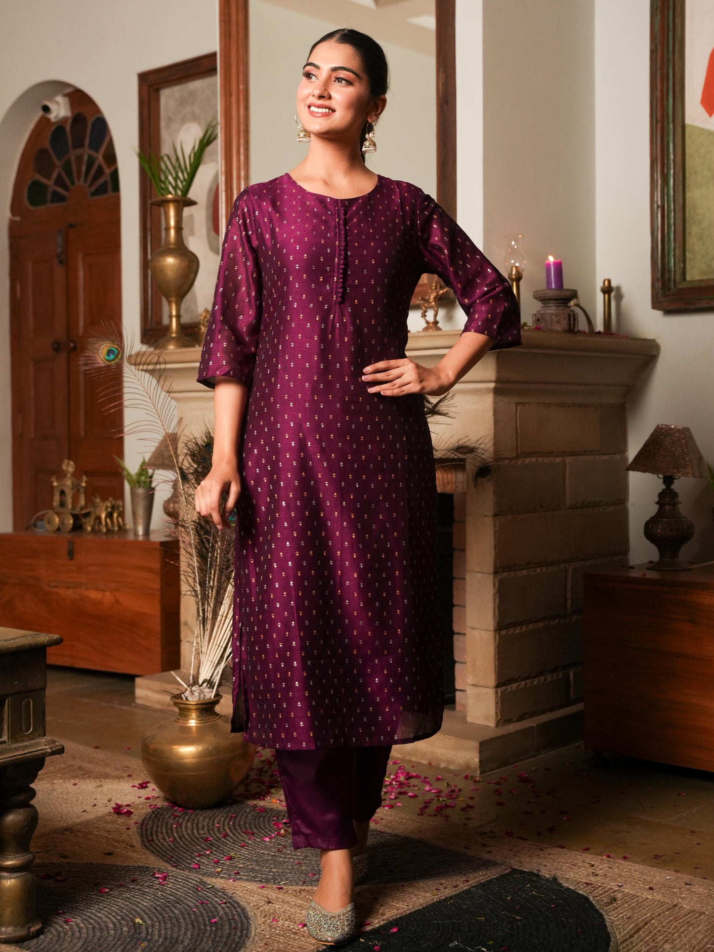 Chanderi Solid Straight Purple Kurta