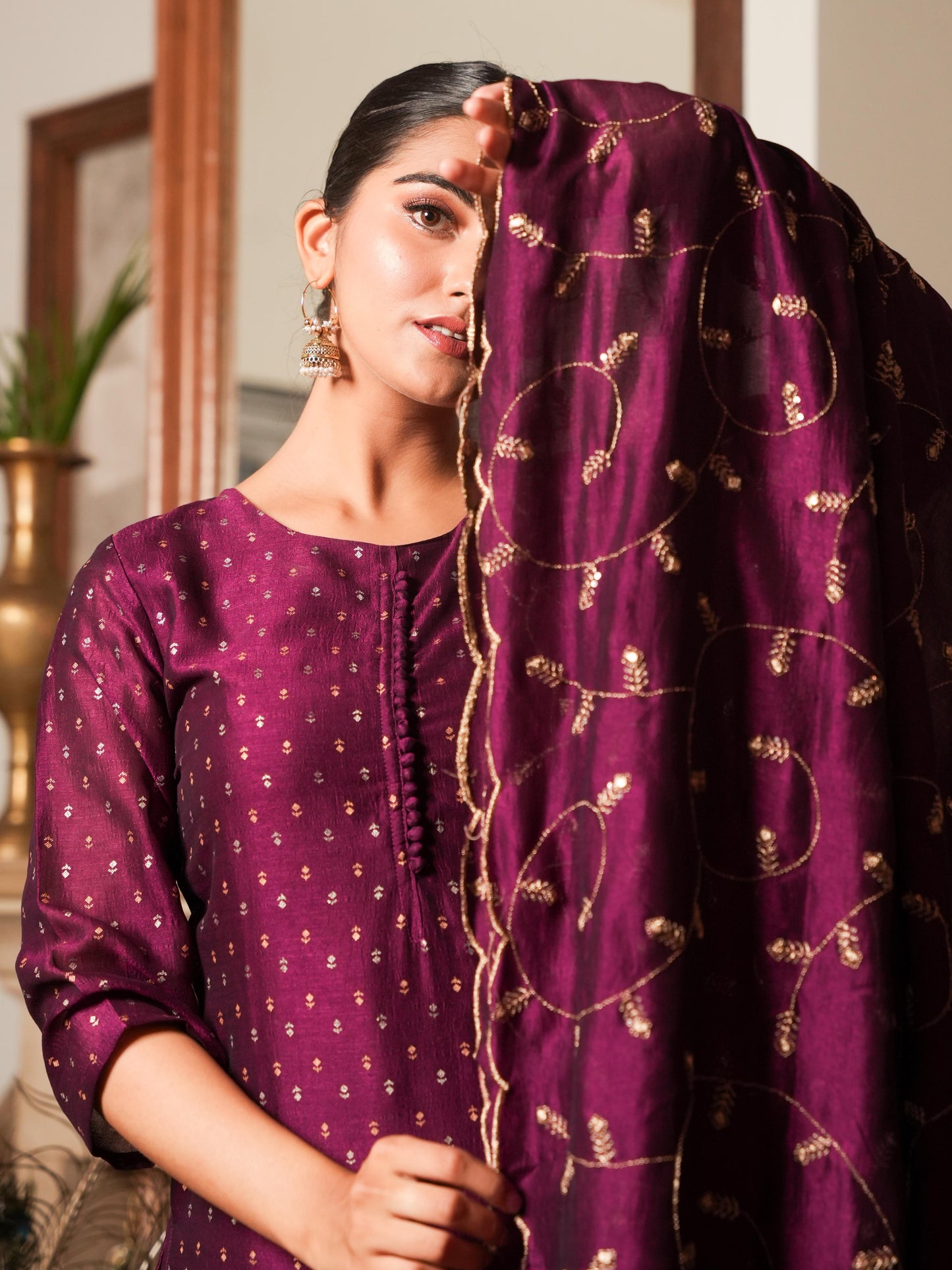 Chanderi Solid Straight Purple Kurta