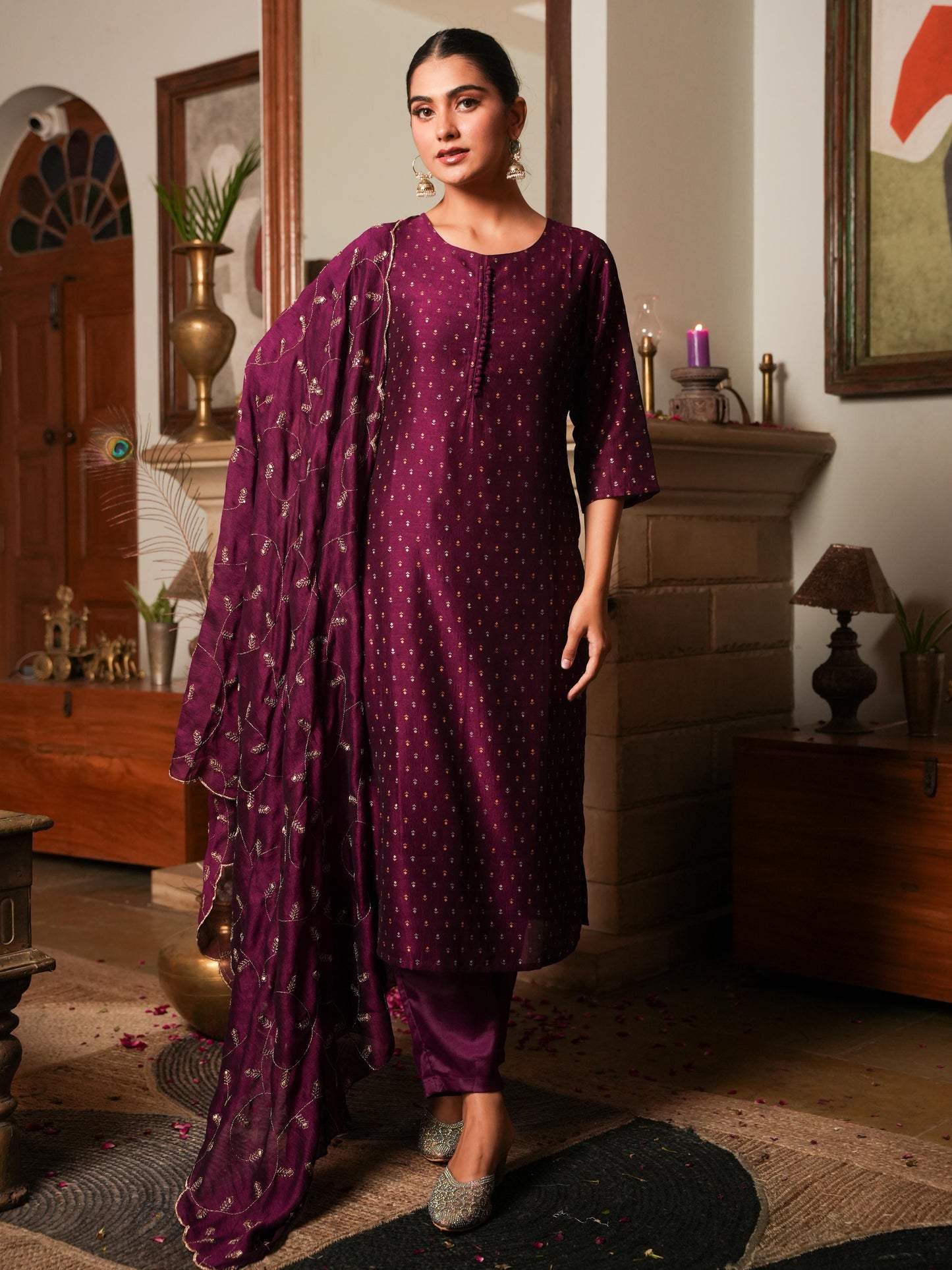 Chanderi Solid Straight Purple Kurta