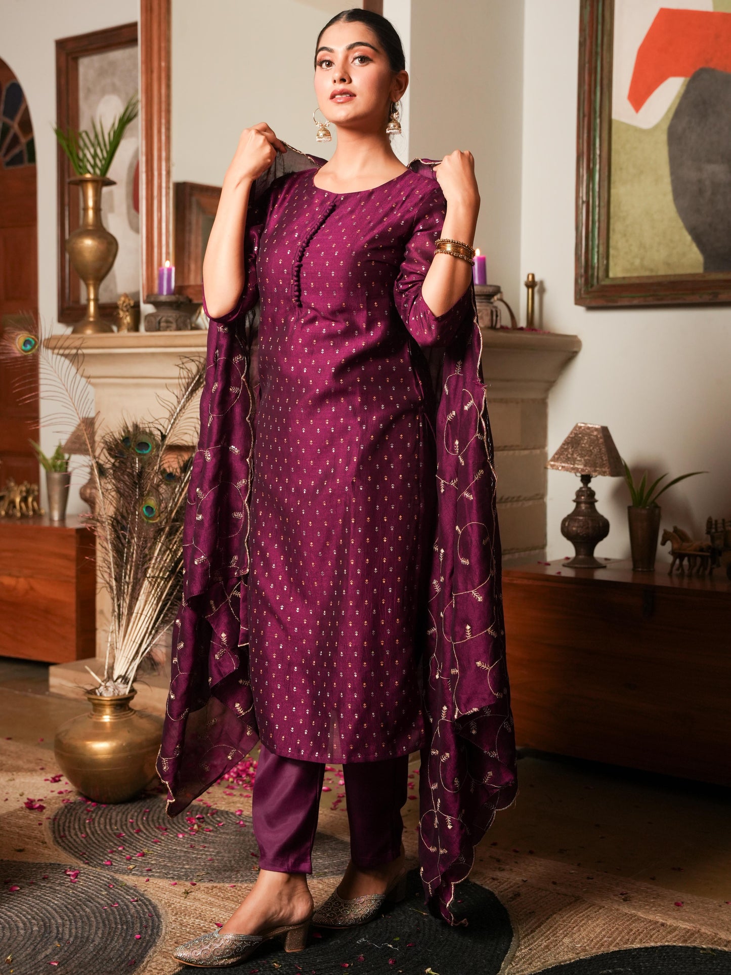 Chanderi Solid Straight Purple Kurta