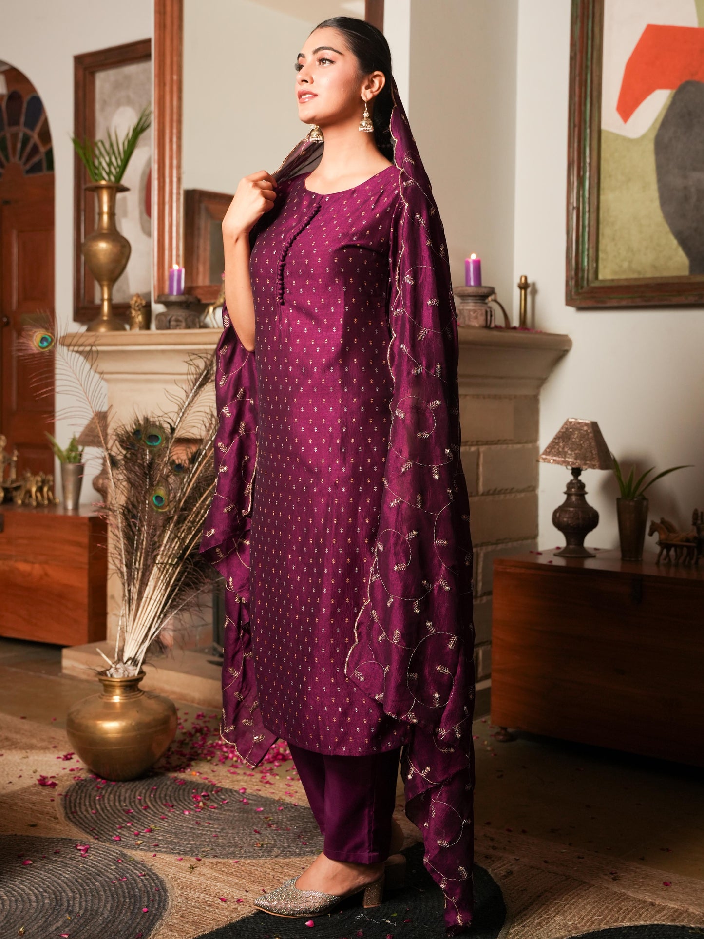 Chanderi Solid Straight Purple Kurta