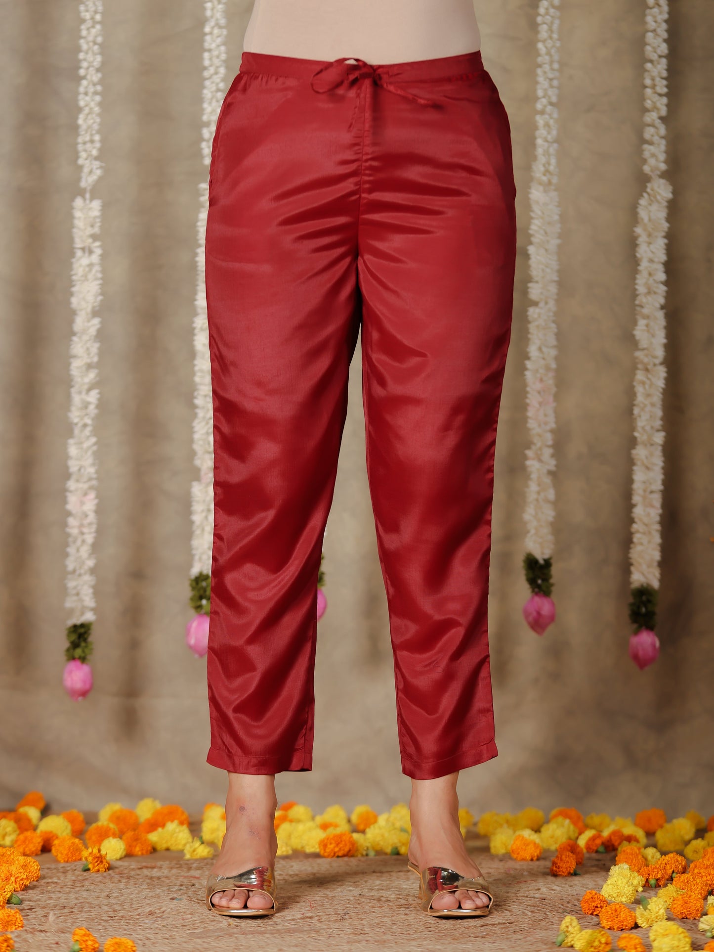 Chanderi Solid Maroon Tapered Trousers