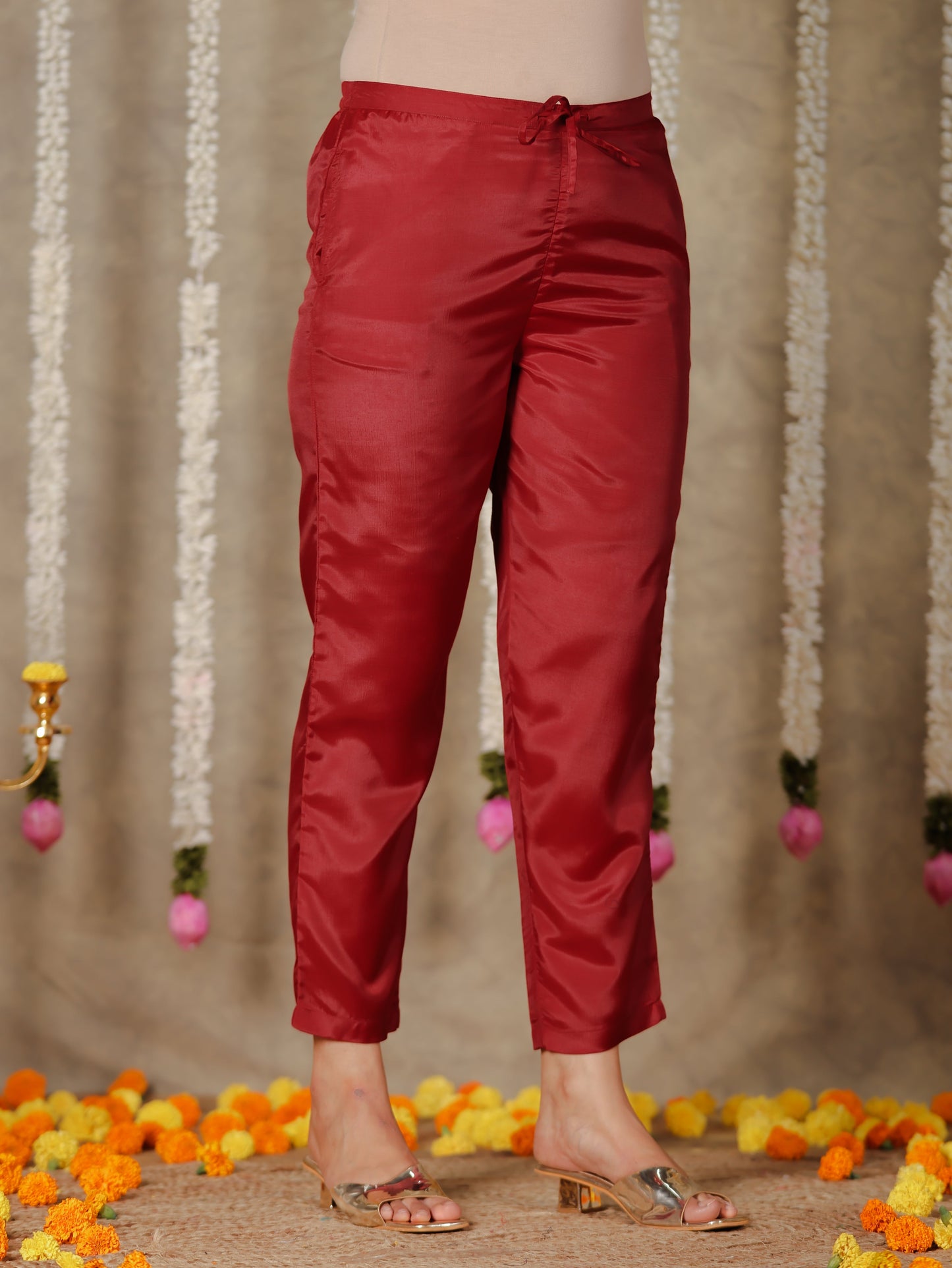 Chanderi Solid Maroon Tapered Trousers