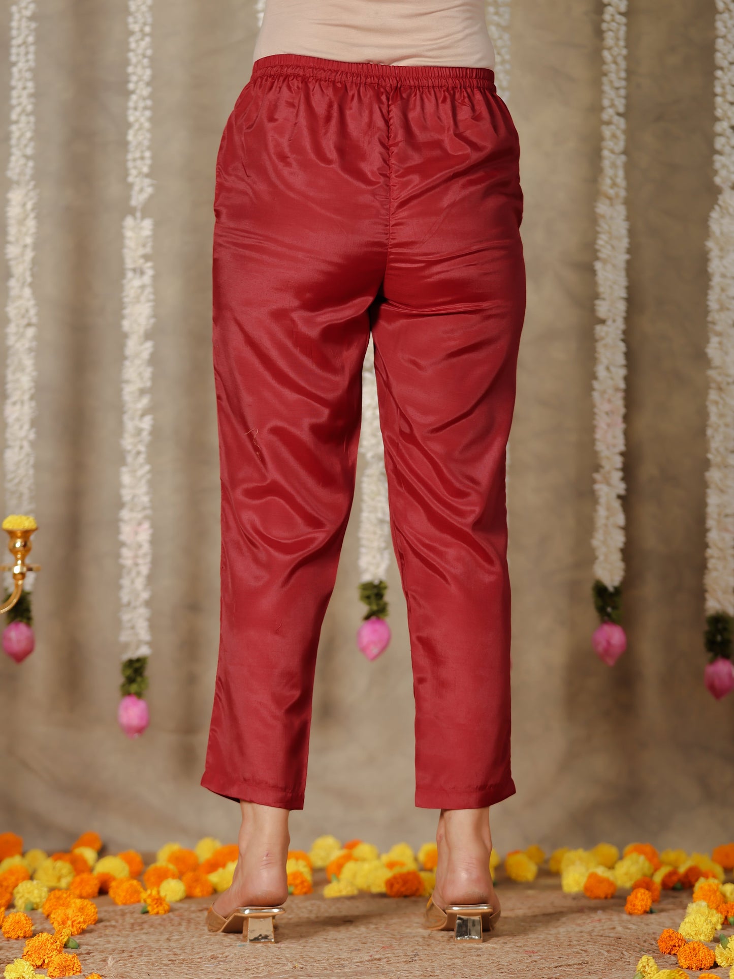 Chanderi Solid Maroon Tapered Trousers