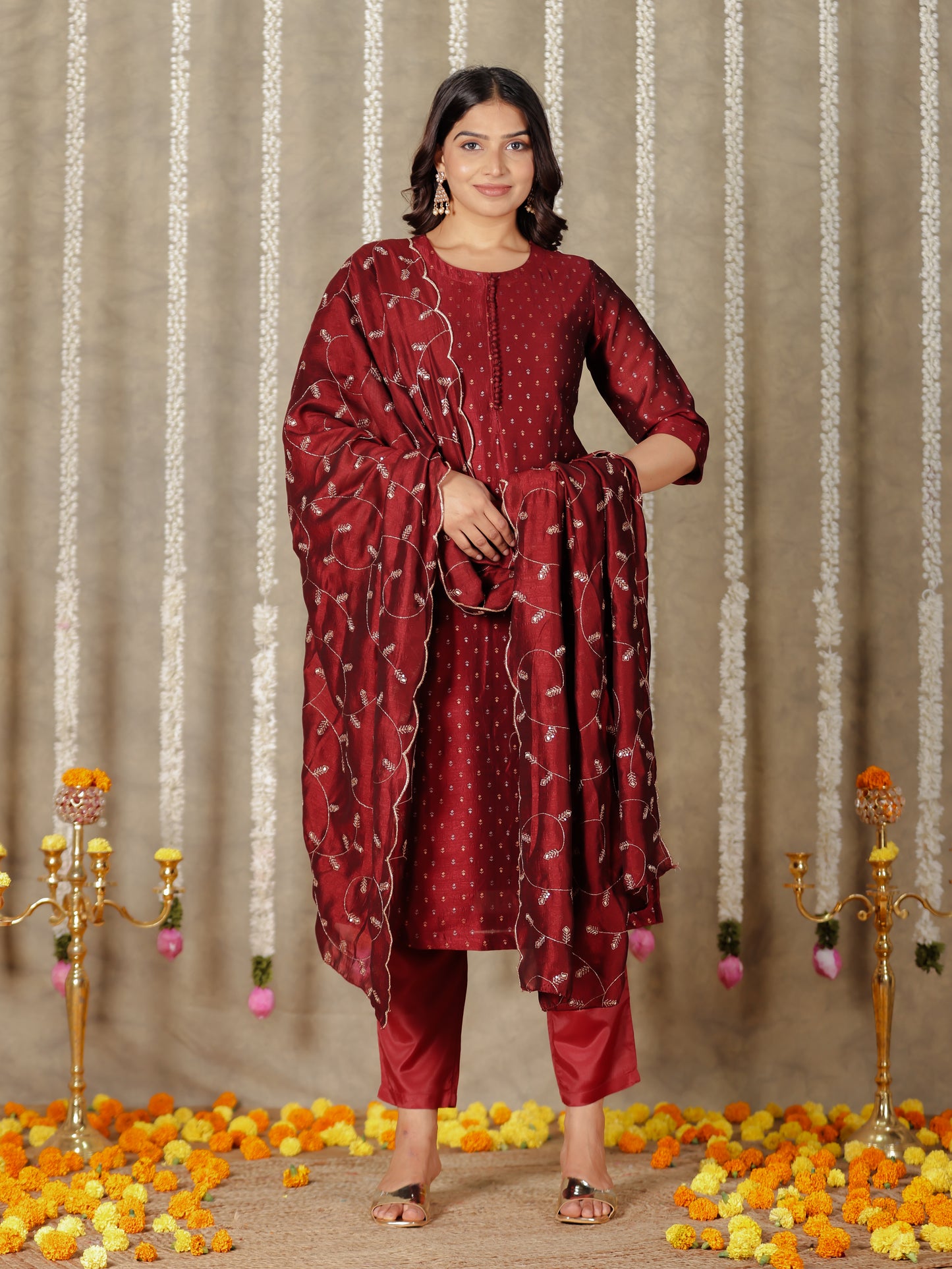 Chanderi Solid Straight Maroon Kurta