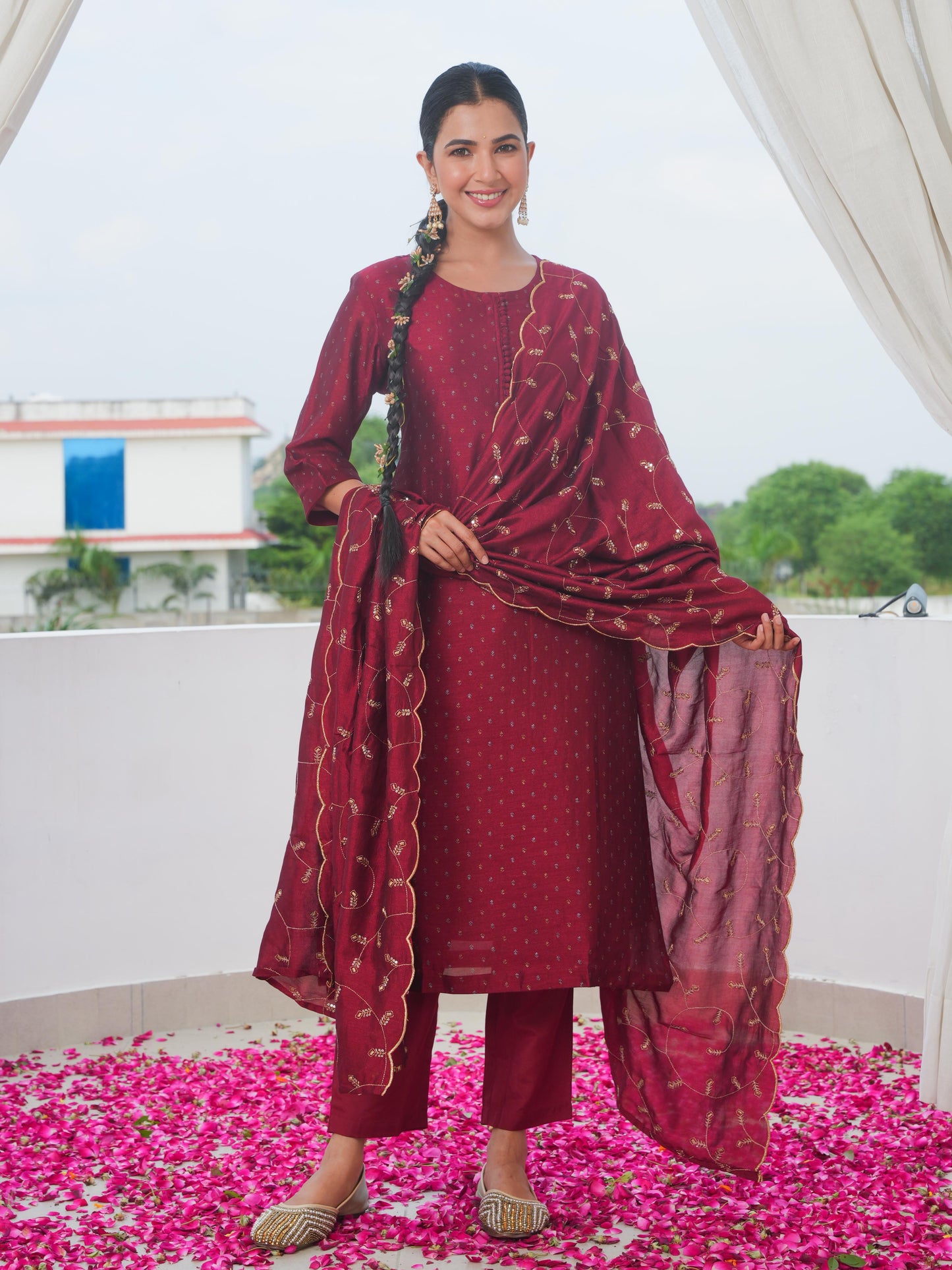 Chanderi Solid Straight Maroon Kurta