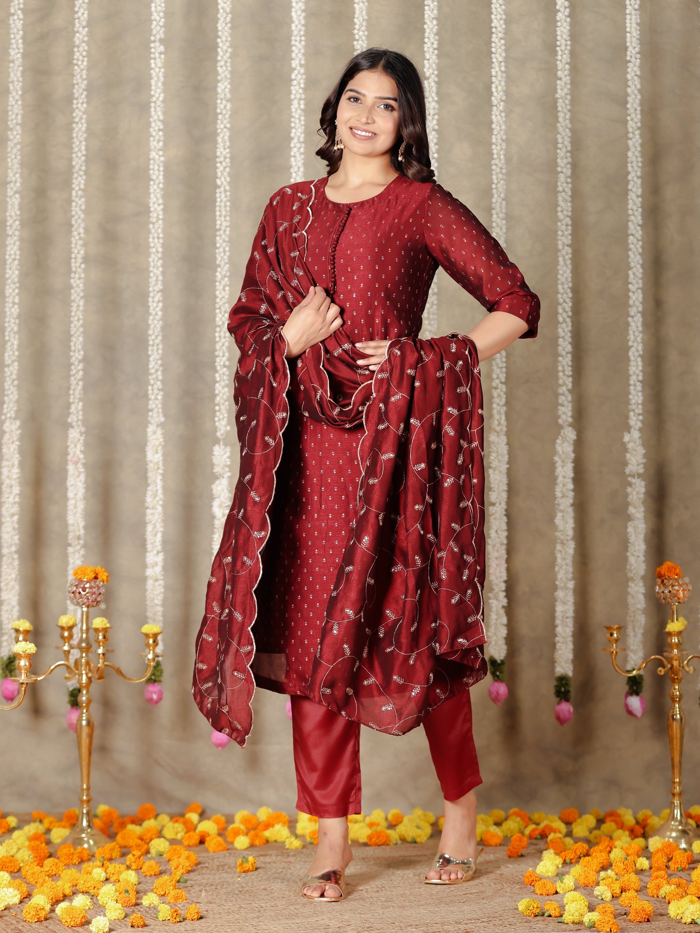 Chanderi Solid Straight Maroon Kurta