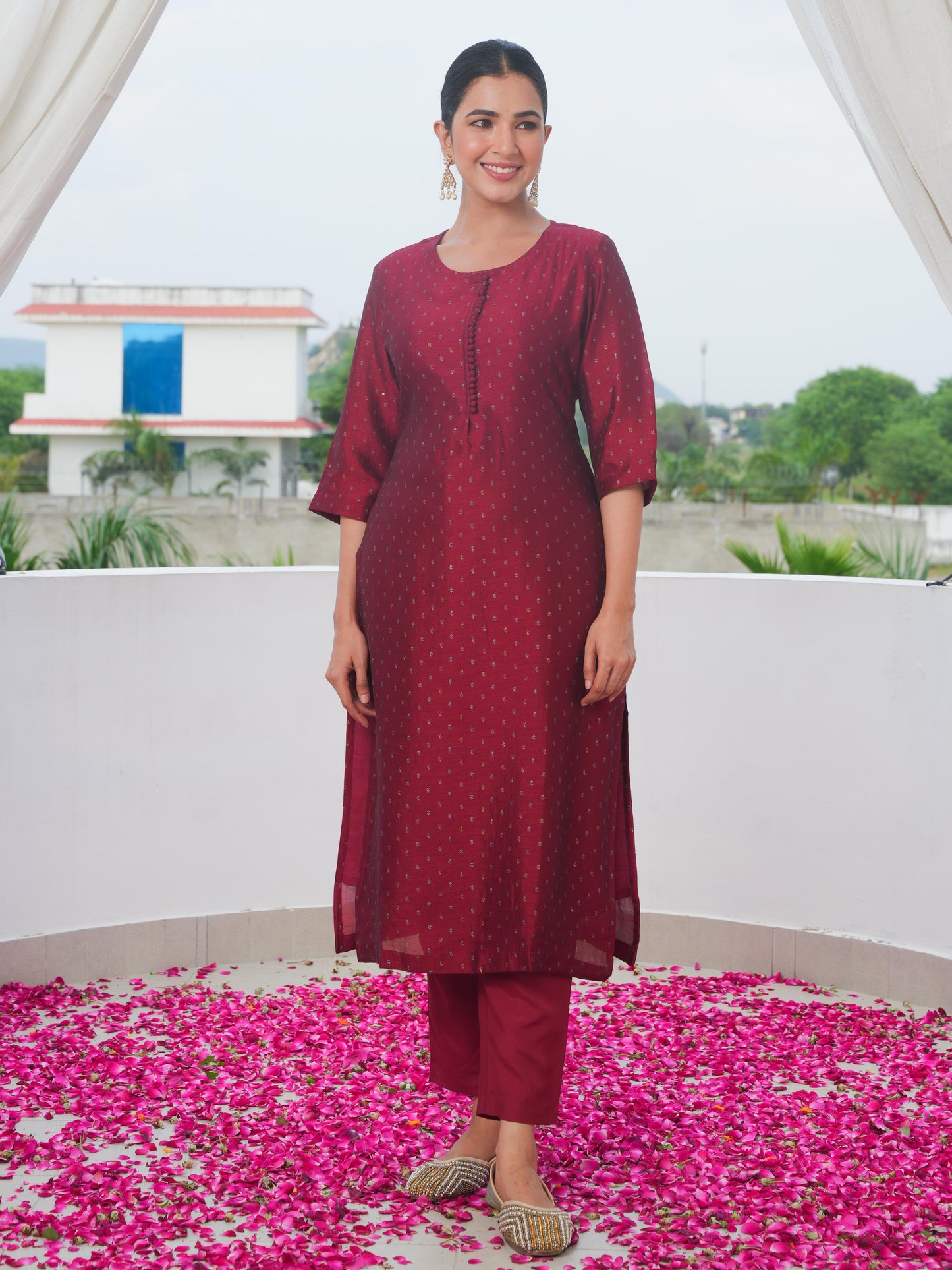 Chanderi Solid Straight Maroon Kurta