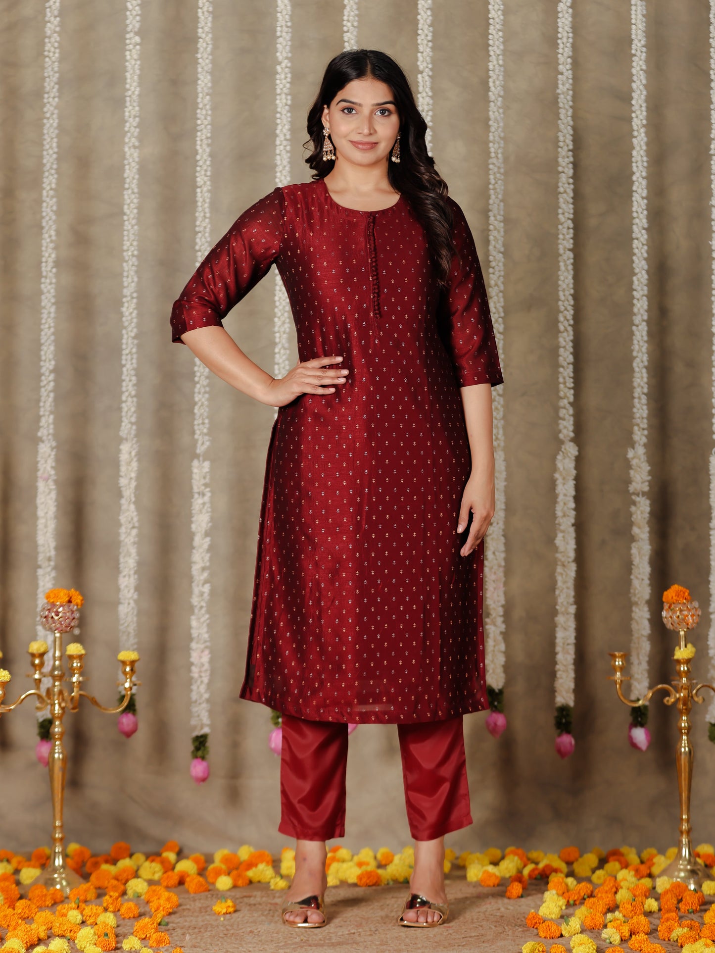Chanderi Solid Straight Maroon Kurta