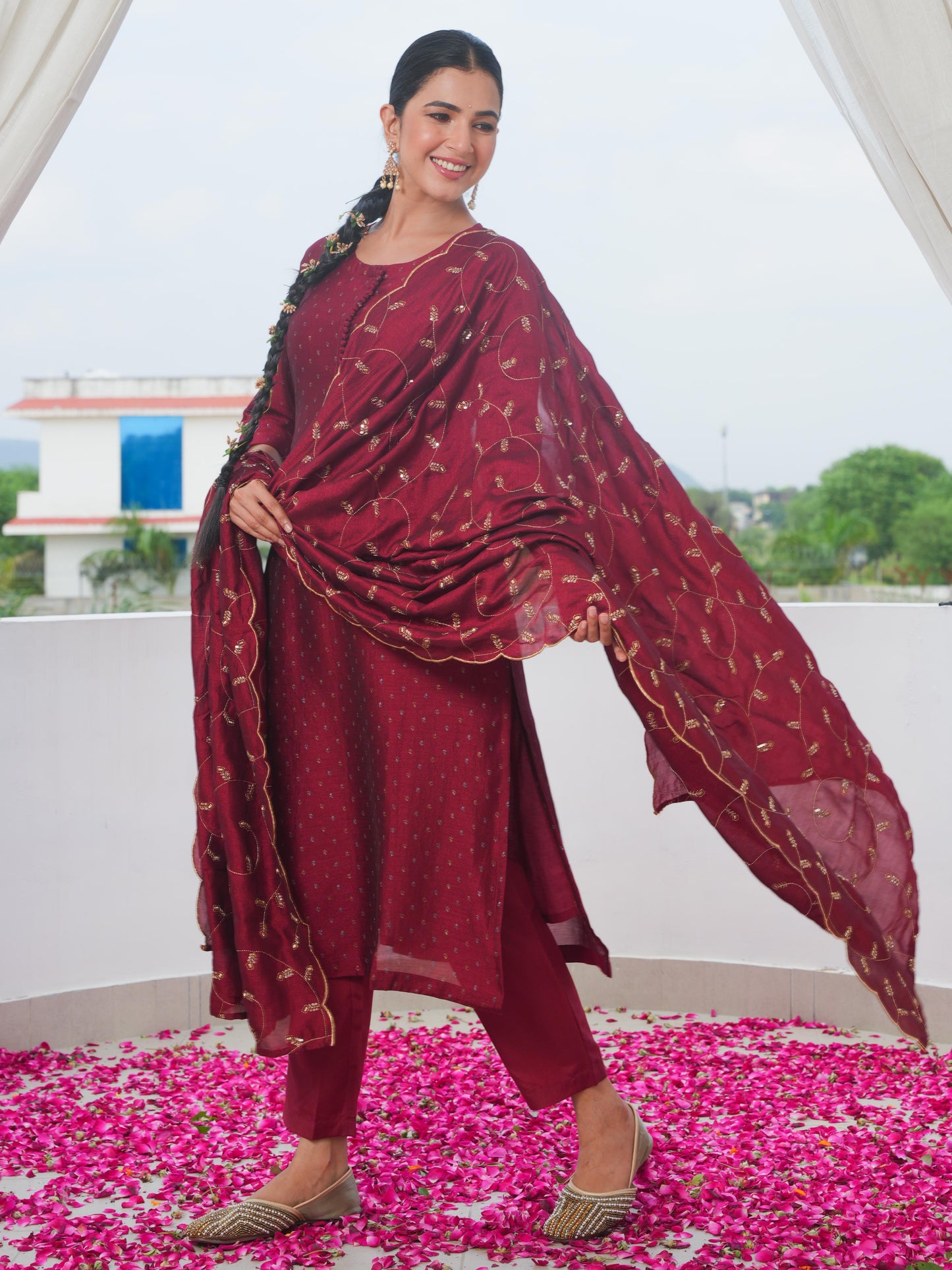 Chanderi Solid Straight Maroon Kurta