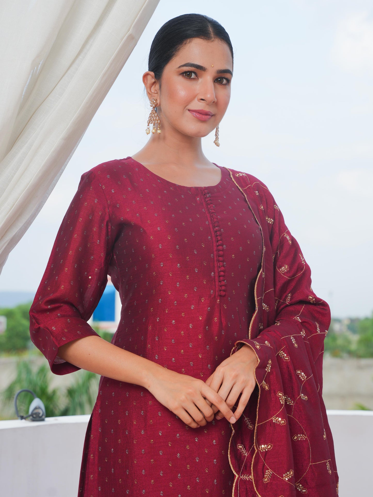 Chanderi Solid Straight Maroon Kurta