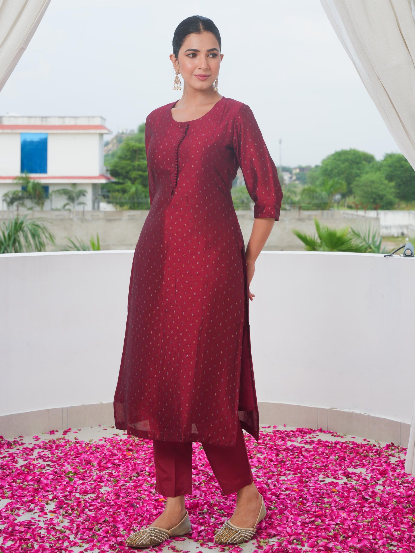Chanderi Solid Straight Maroon Kurta
