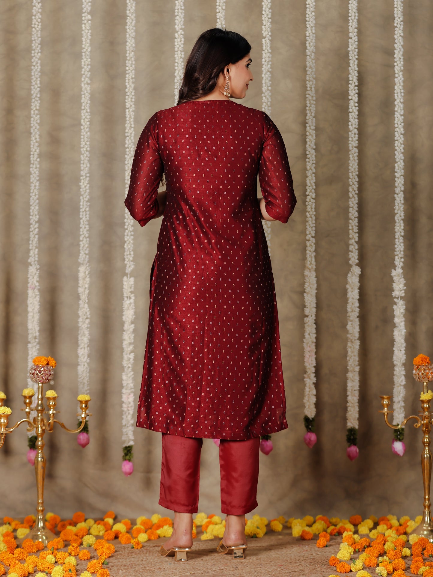 Chanderi Solid Straight Maroon Kurta