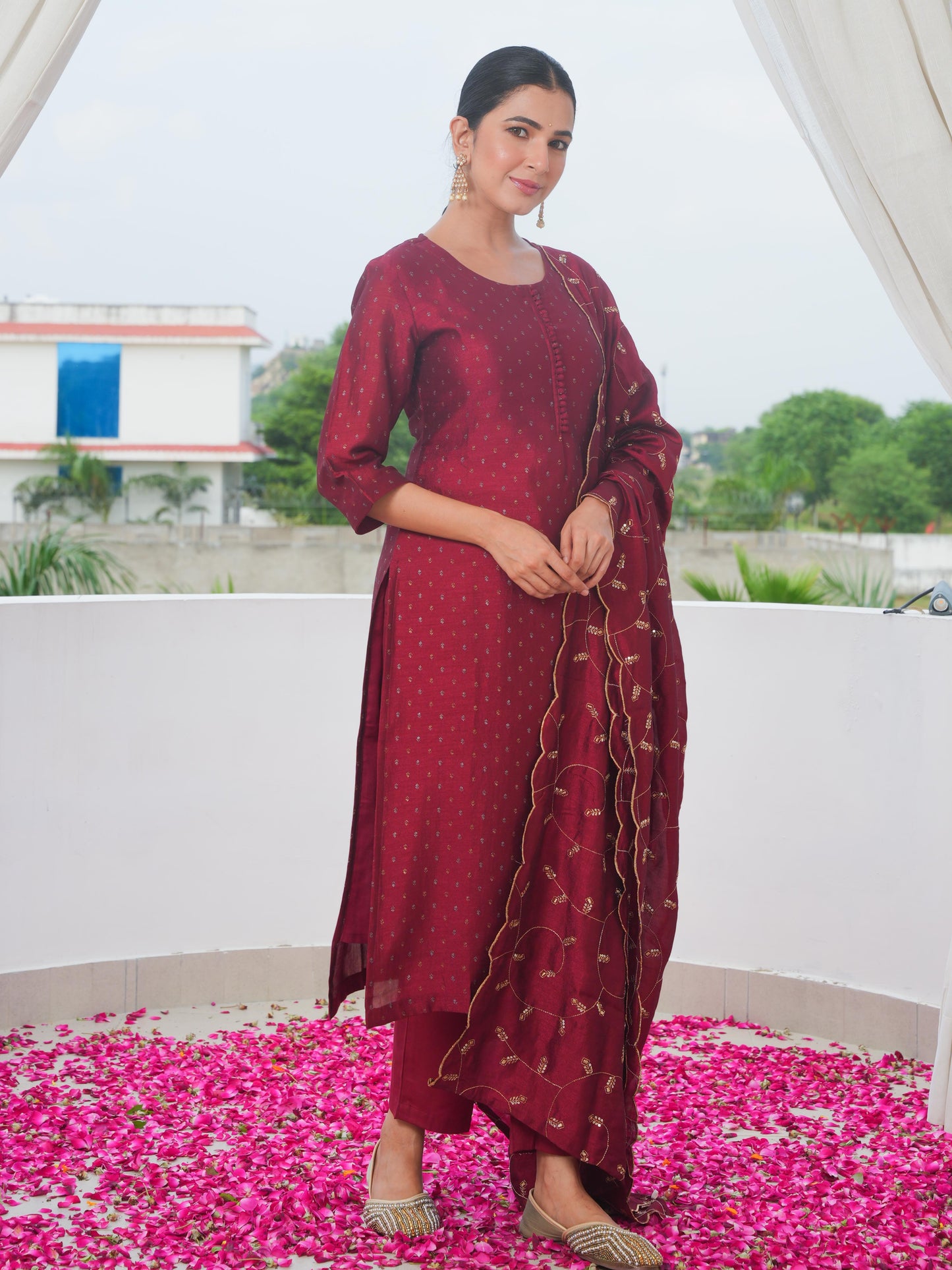 Chanderi Solid Straight Maroon Kurta