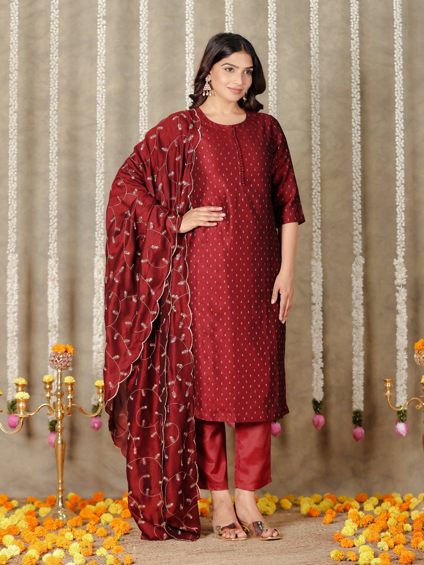 Chanderi Solid Straight Maroon Kurta