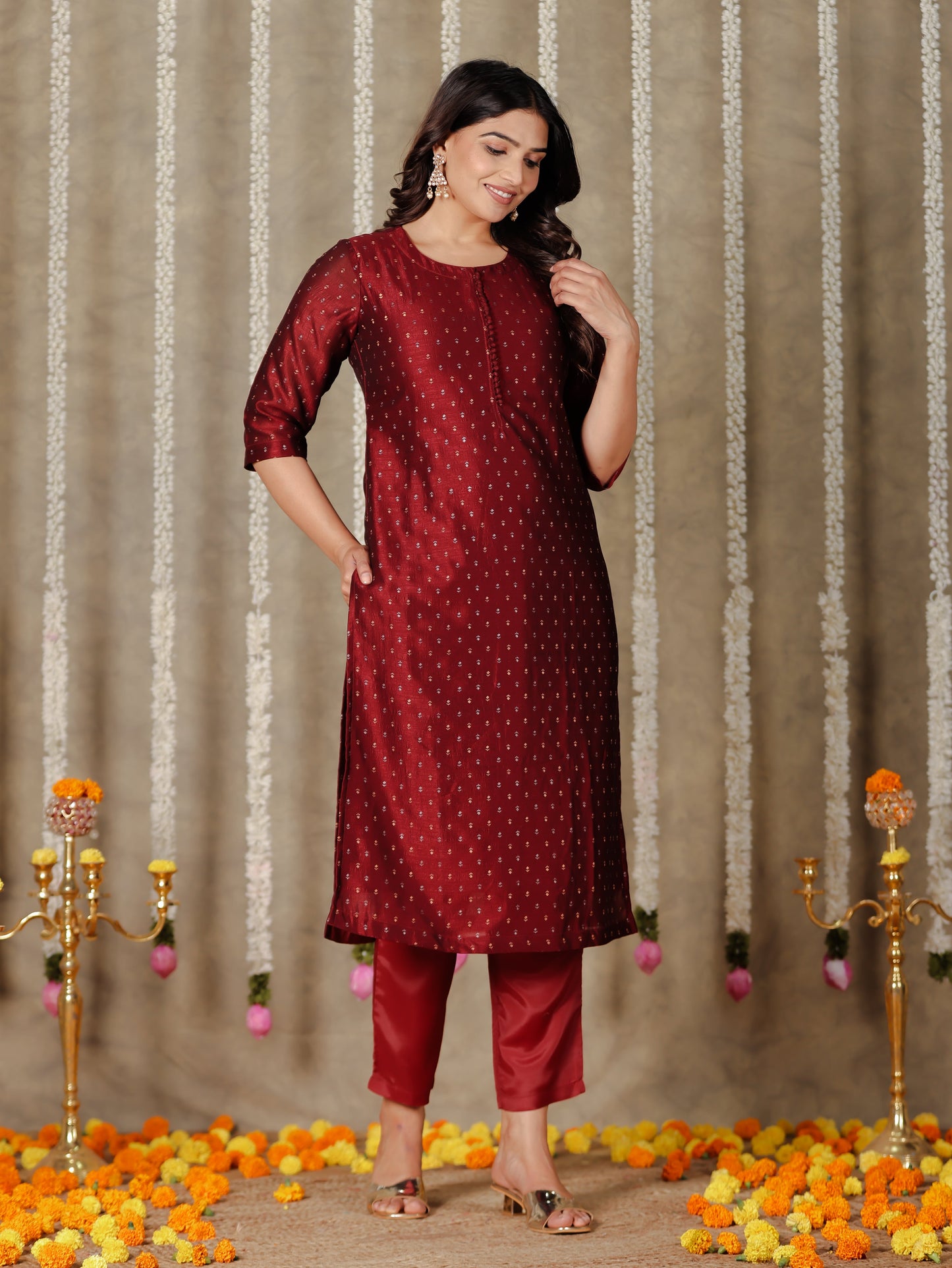 Chanderi Solid Straight Maroon Kurta