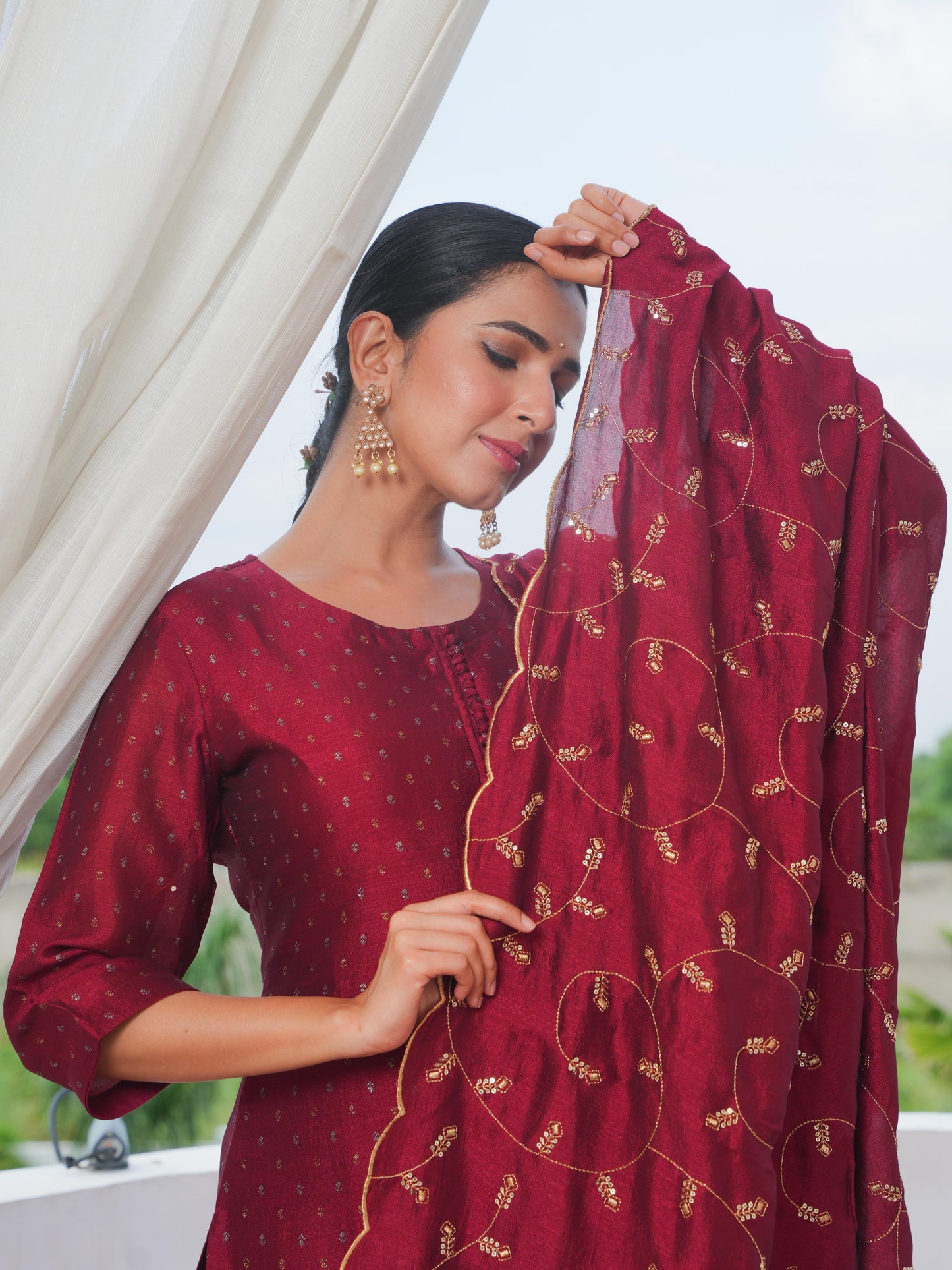 Chanderi Solid Straight Maroon Kurta