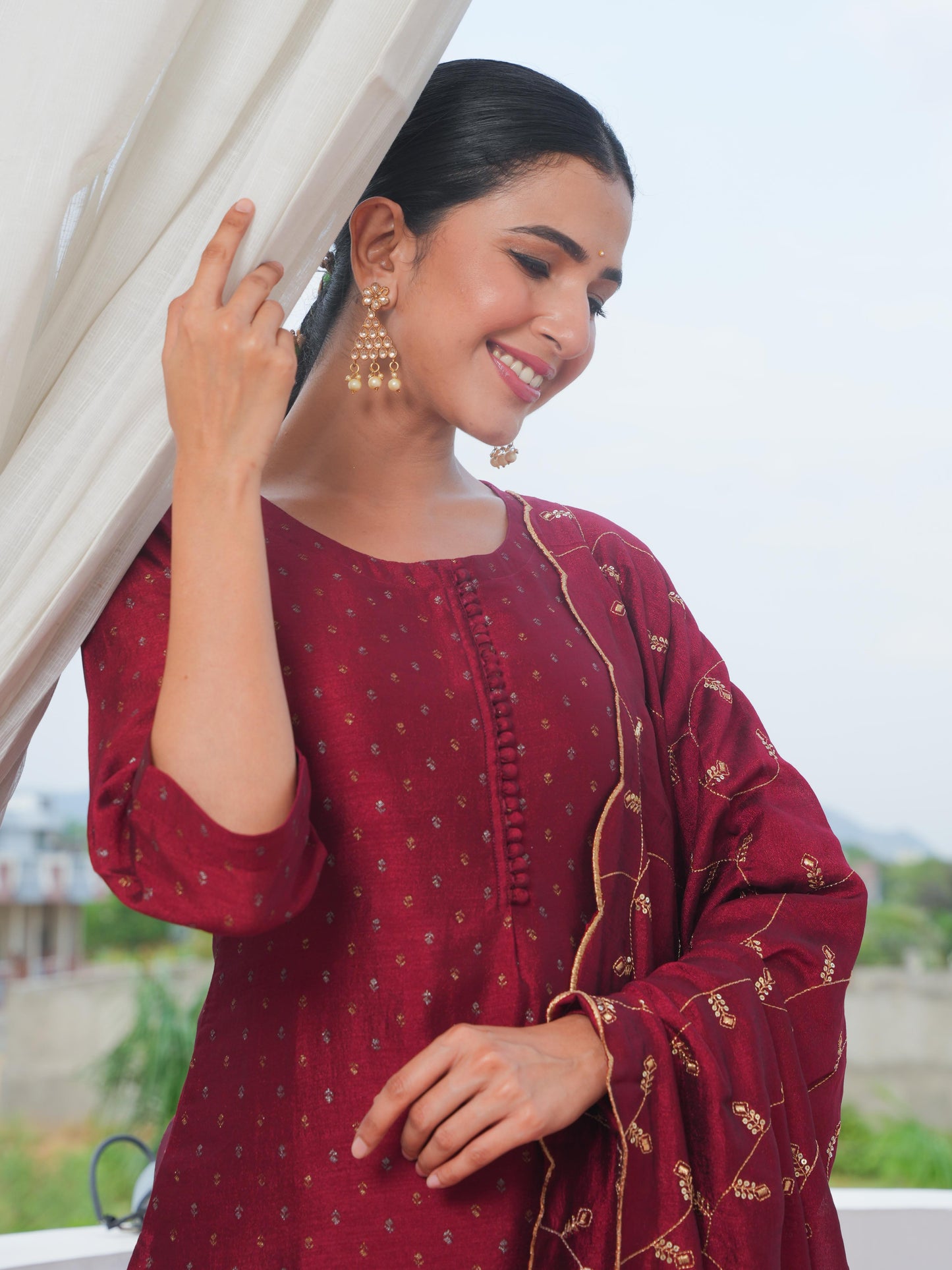 Chanderi Solid Straight Maroon Kurta