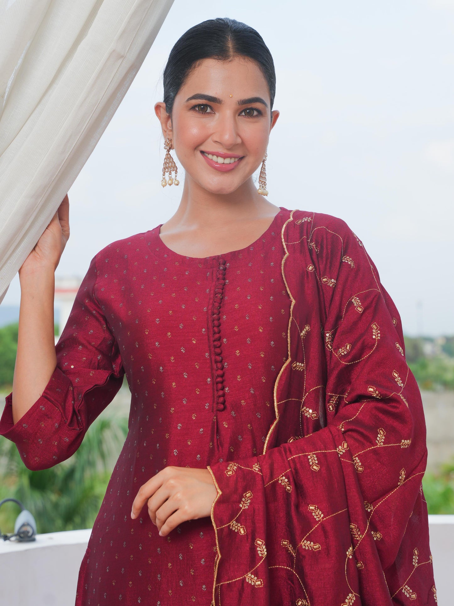 Chanderi Solid Straight Maroon Kurta