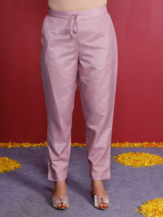 Linen Solid Pink Tapered Trousers
