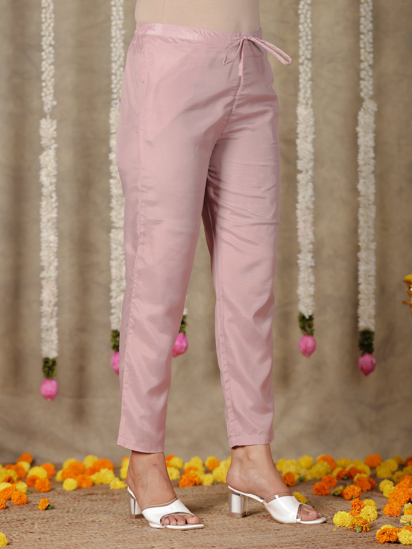Chanderi Solid Pink Tapered Trousers