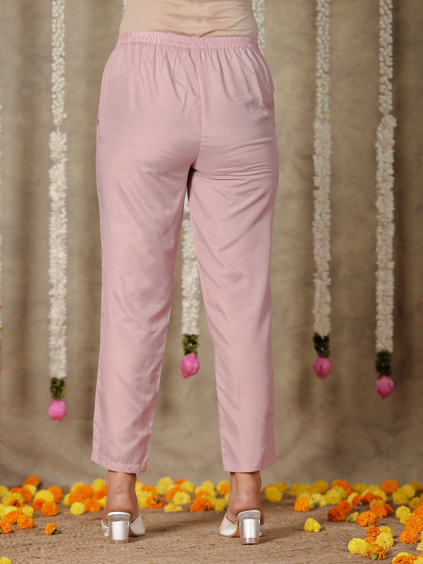 Chanderi Solid Pink Tapered Trousers