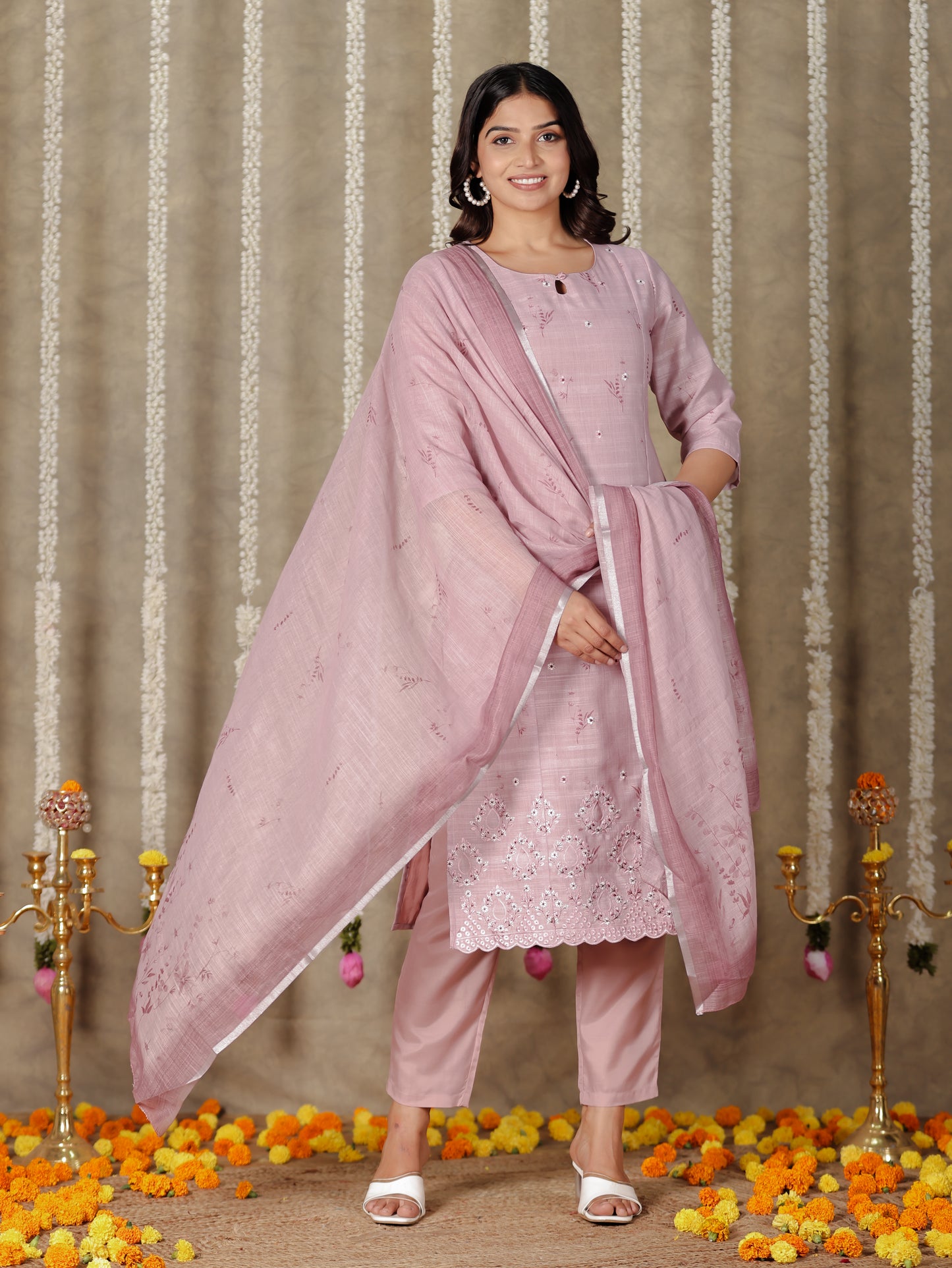 Chanderi Floral Panelled Pink Kurta