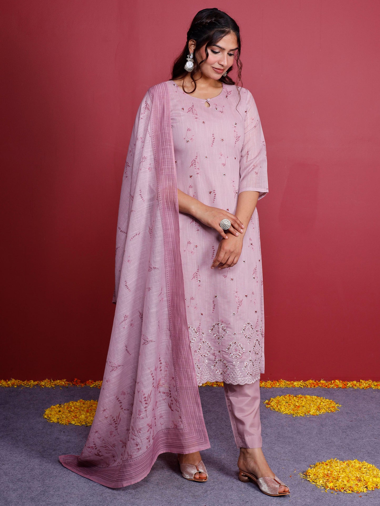 Linen Blend Floral Pink Dupatta