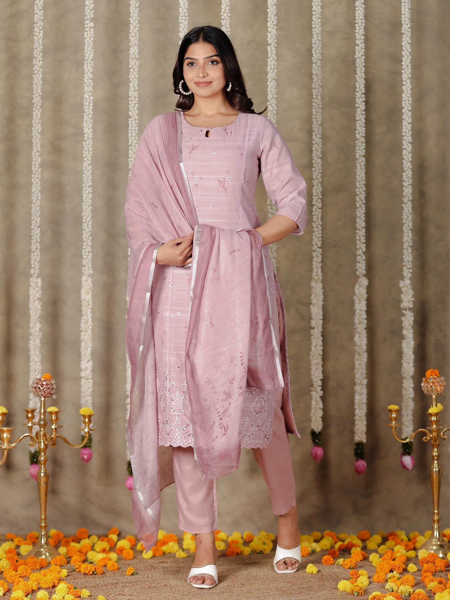Chanderi Floral Pink Dupatta