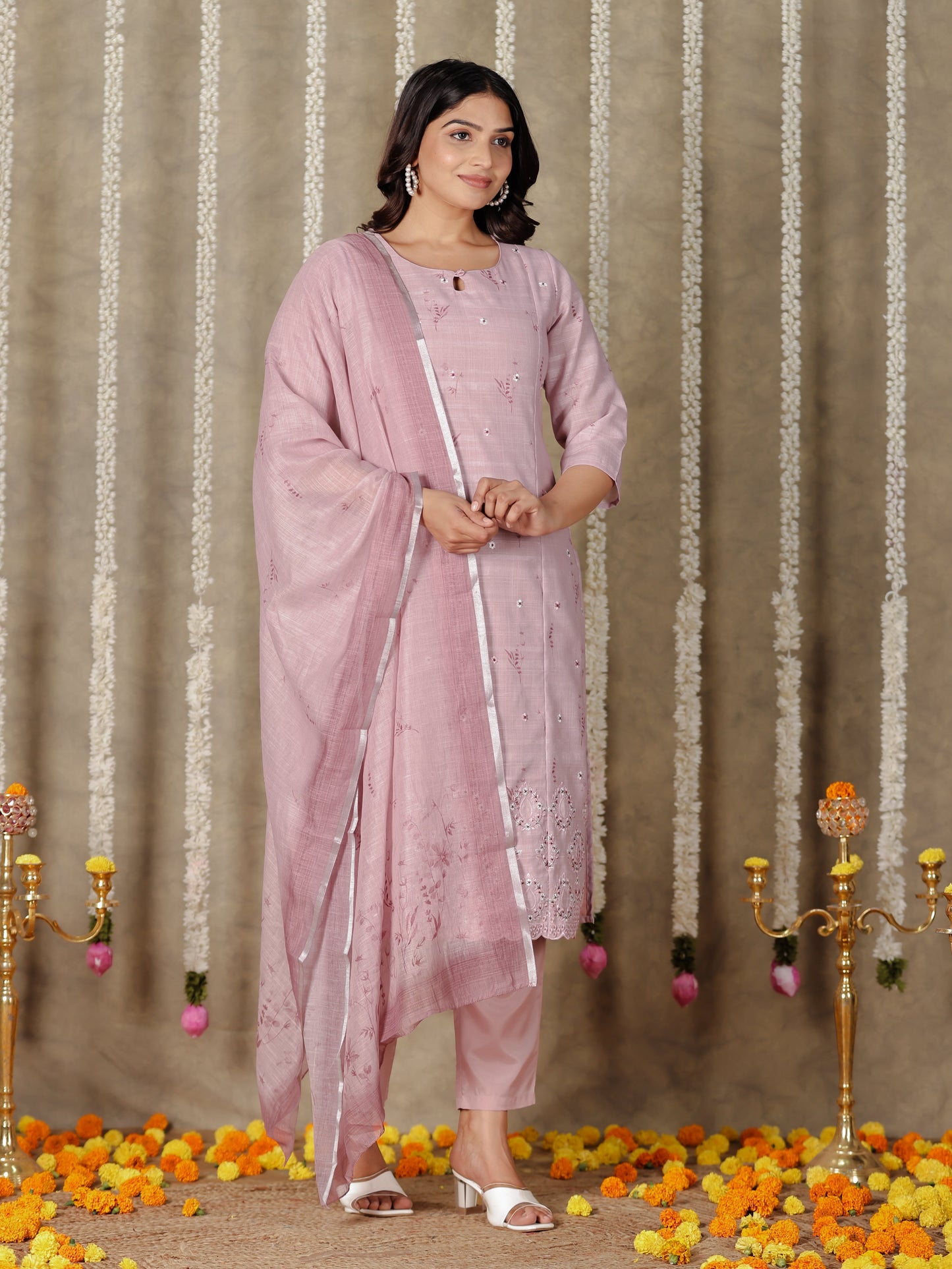 Chanderi Floral Pink Dupatta