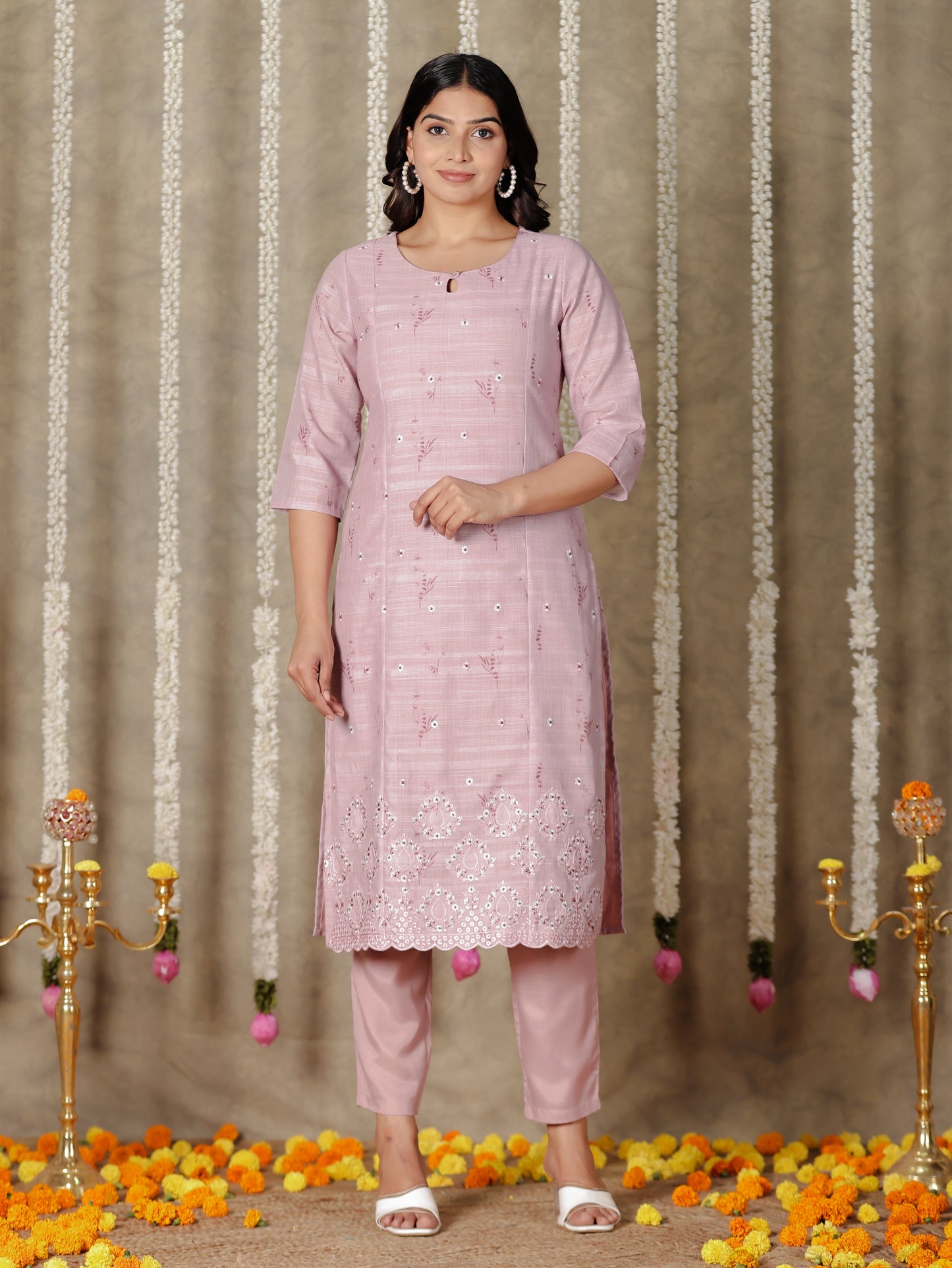 Chanderi Floral Panelled Pink Kurta