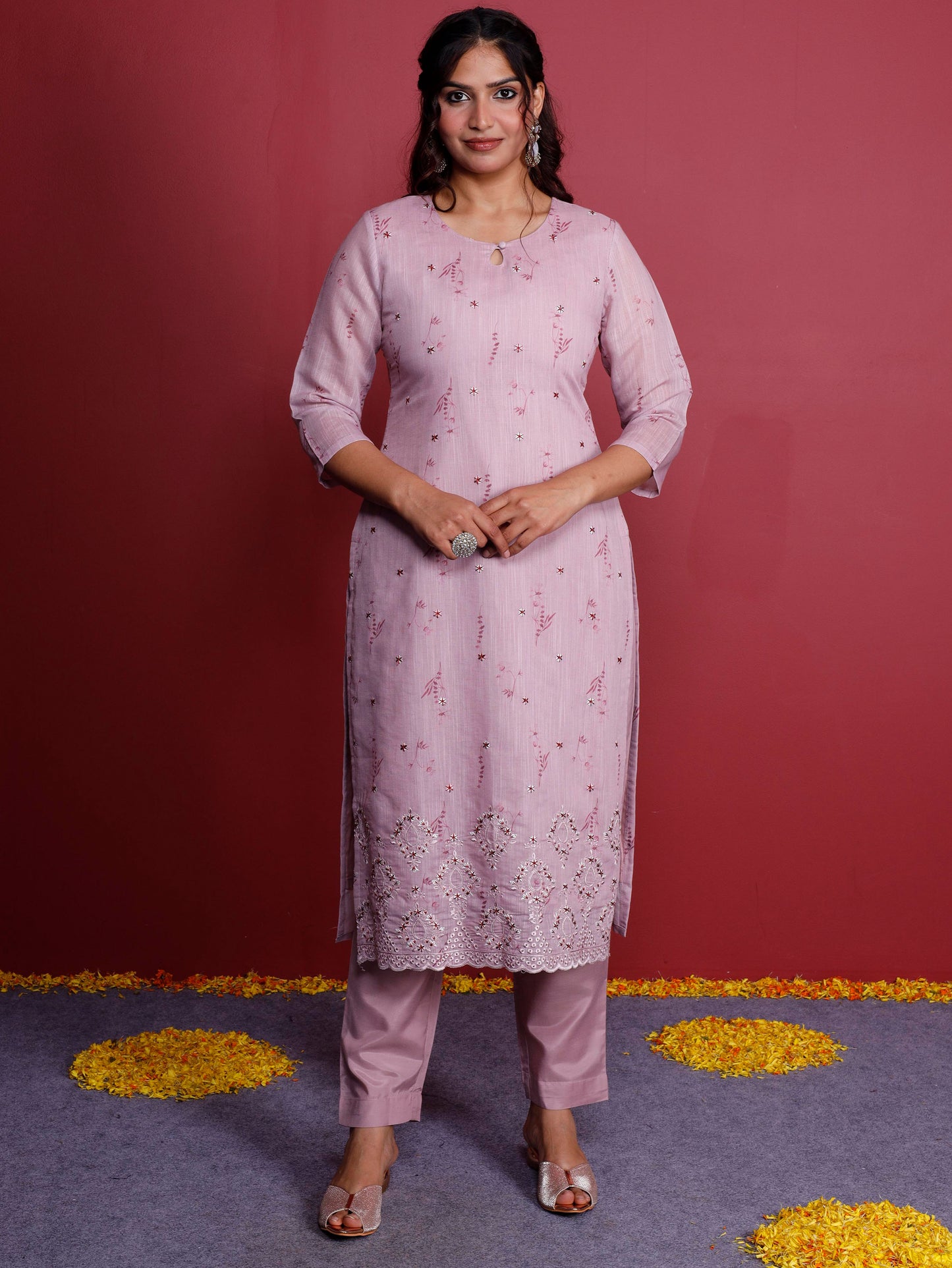 Linen Blend Floral Panelled Pink