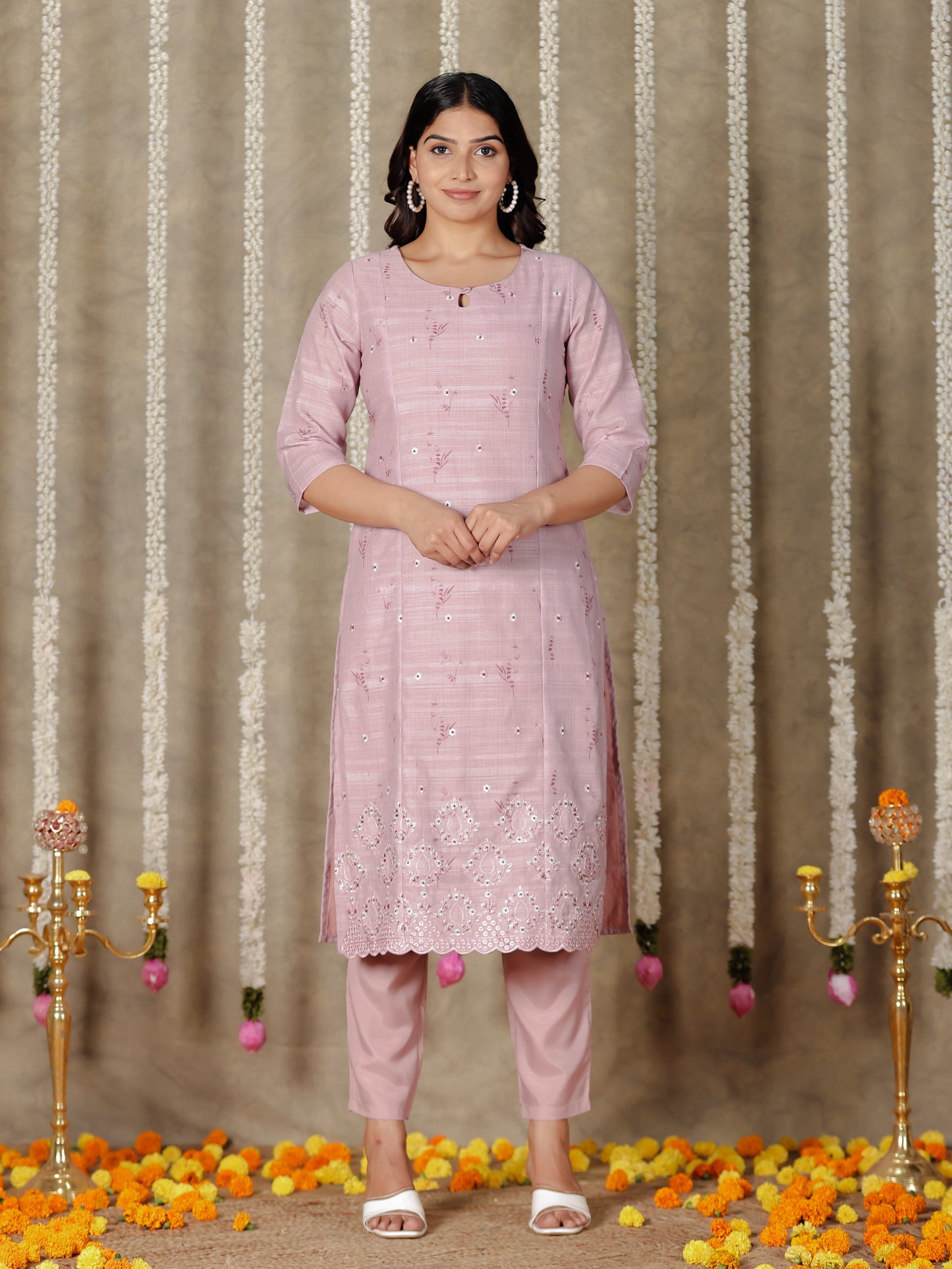 Chanderi Floral Panelled Pink Kurta