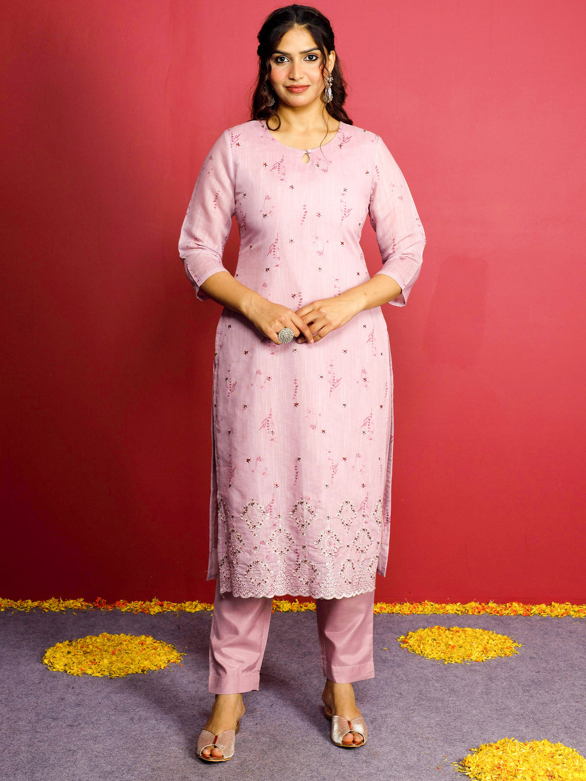Chanderi Floral Panelled Pink Kurta