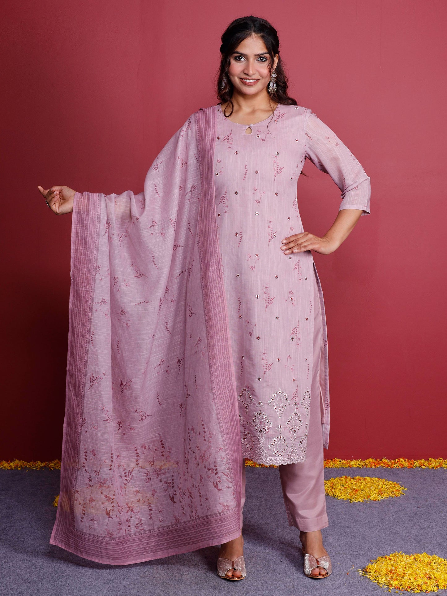 Linen Blend Floral Panelled Pink