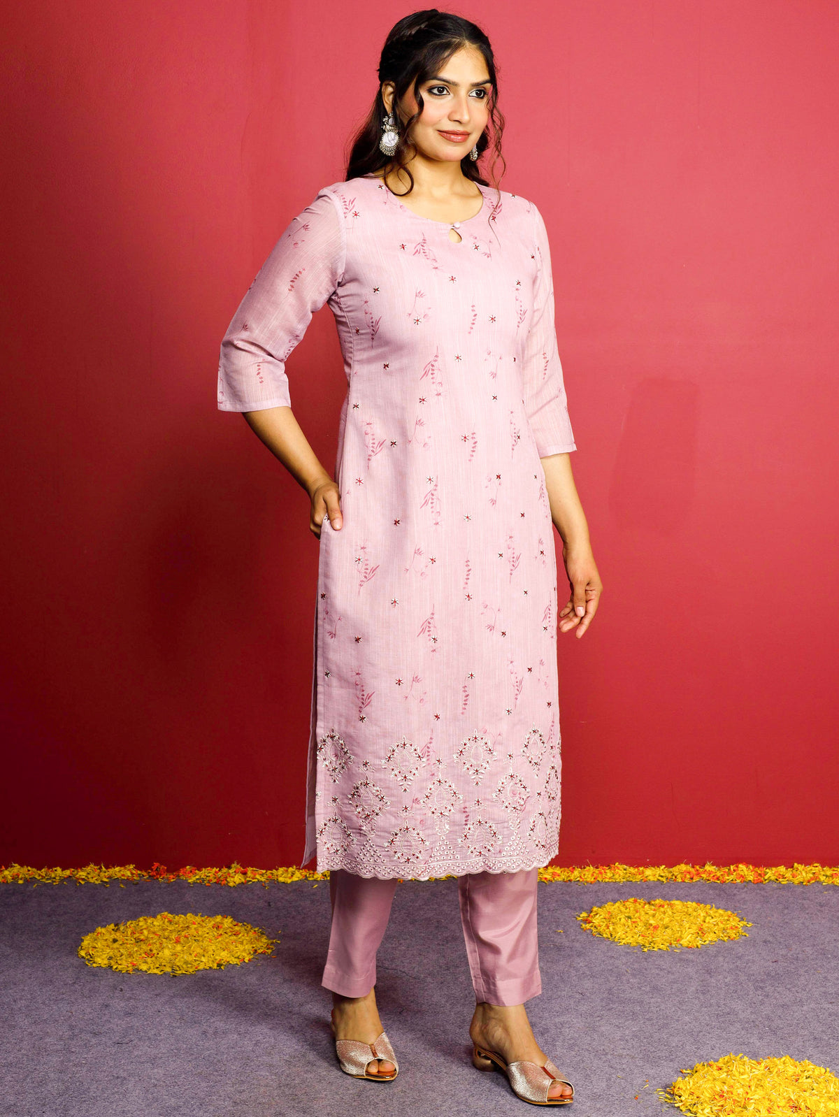 Chanderi Floral Panelled Pink Kurta
