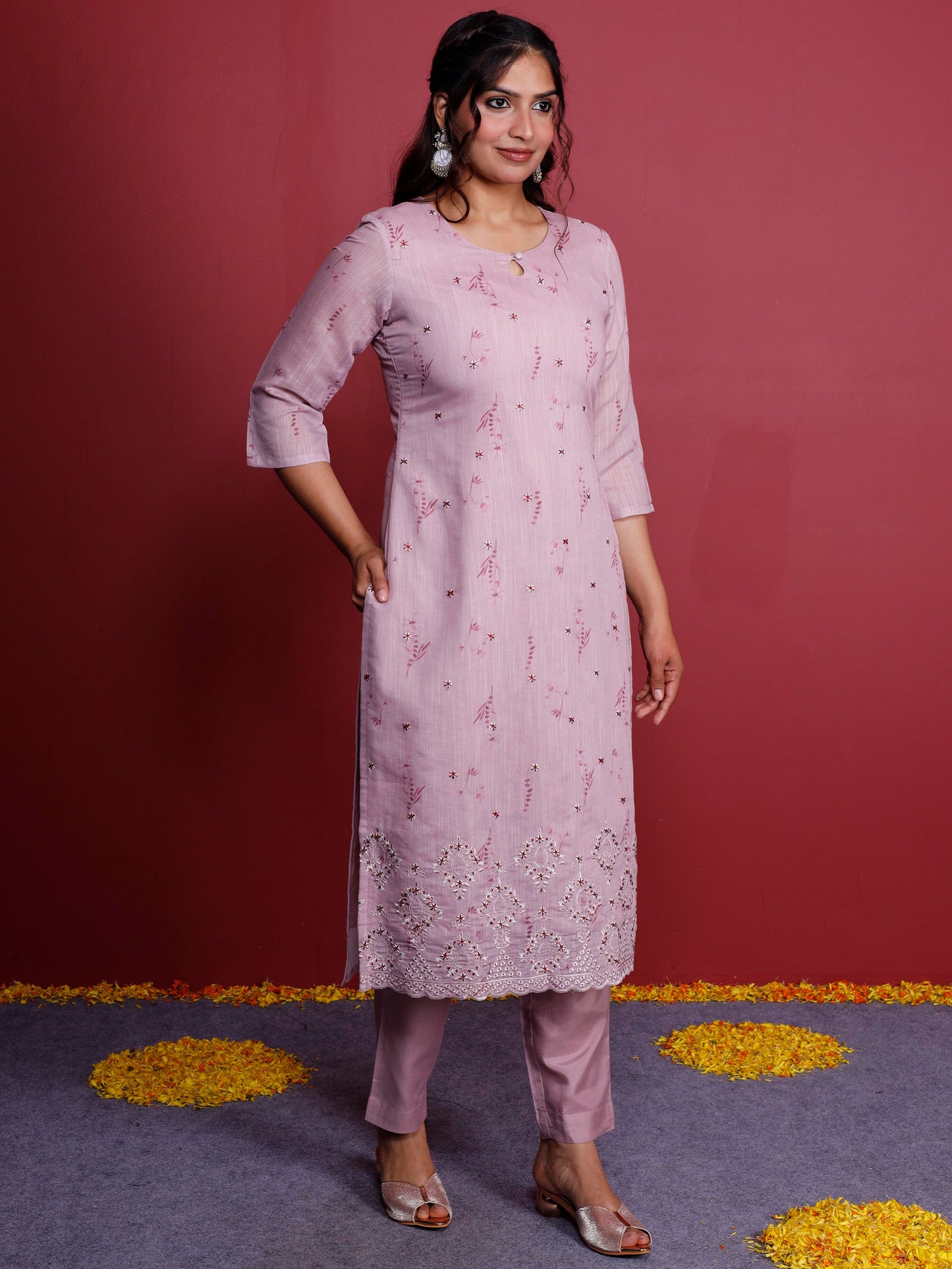 Linen Blend Floral Panelled Pink